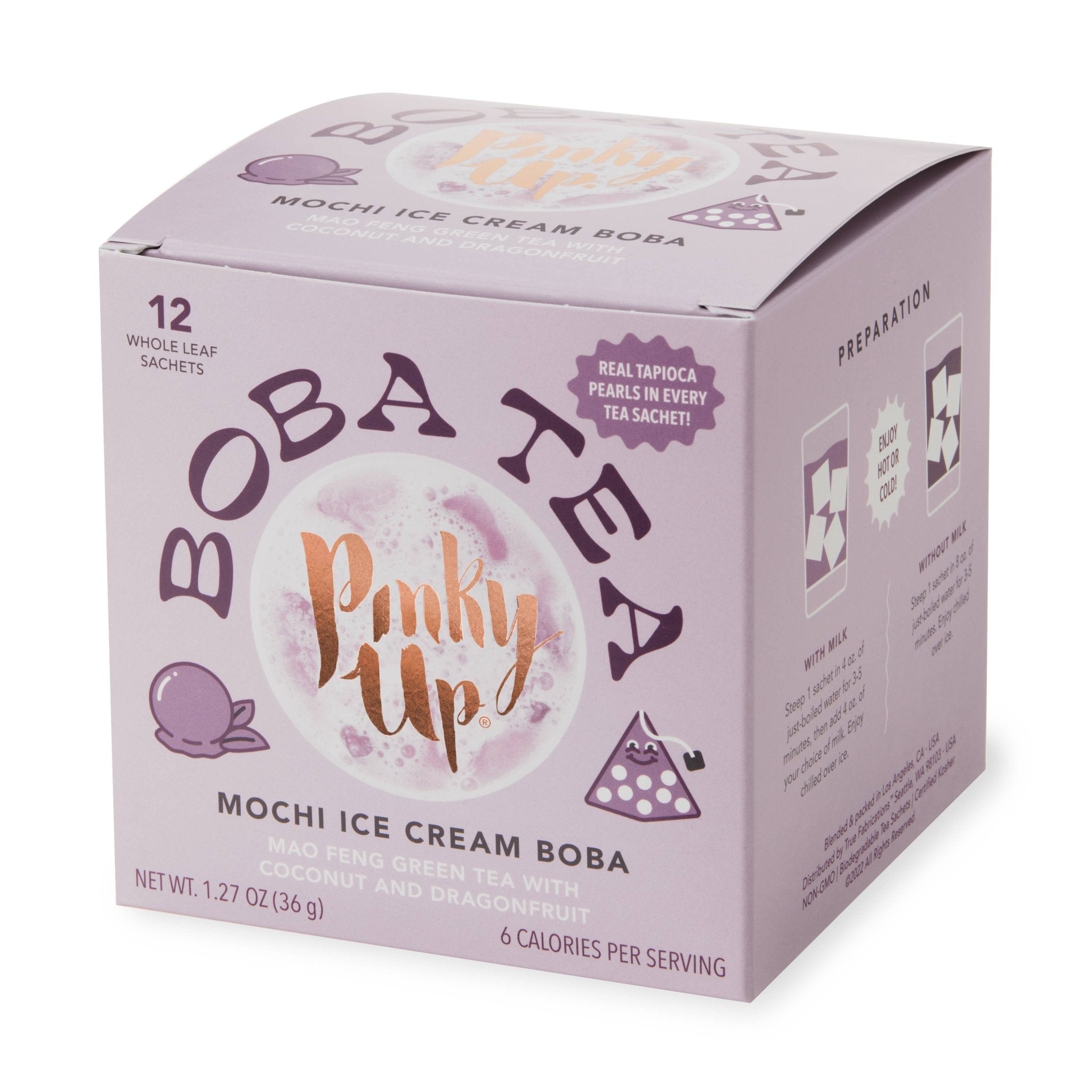 Pinky Up Mochi Ice Cream Boba Tea box, 12 Mao Feng Green Tea sachets with coconut & dragonfruit, real tapioca pearls.