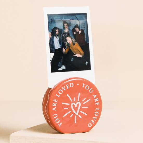 orange polaroid picture ceramic holder that says you are loved
