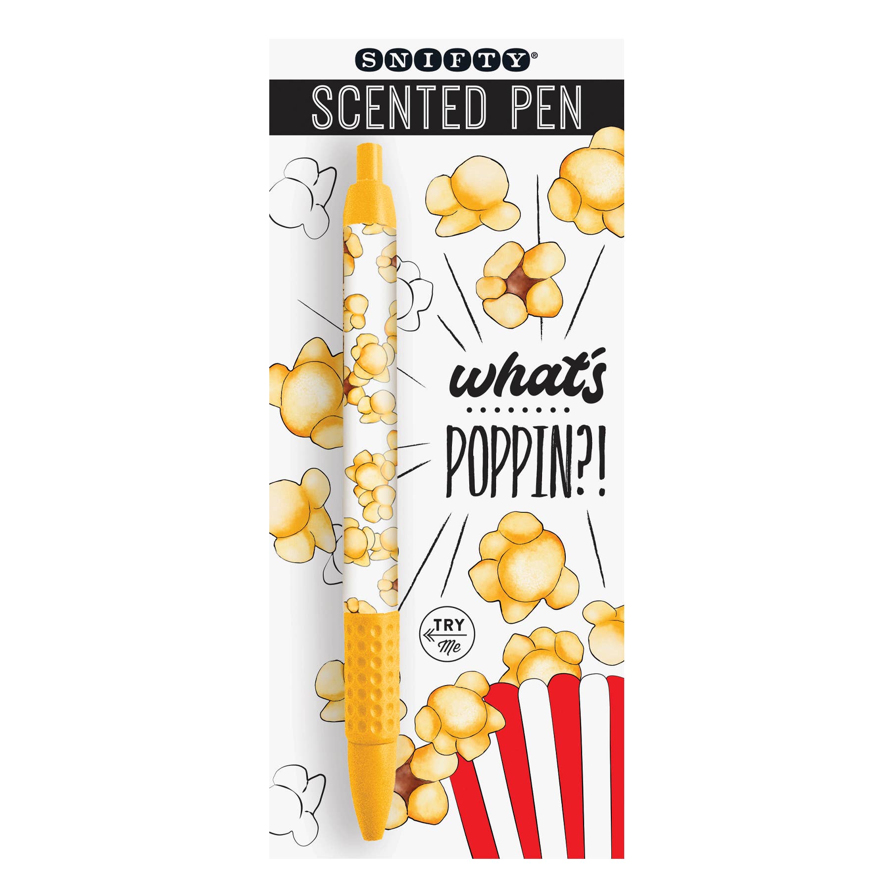 Snifty popcorn scented pen in packaging.
