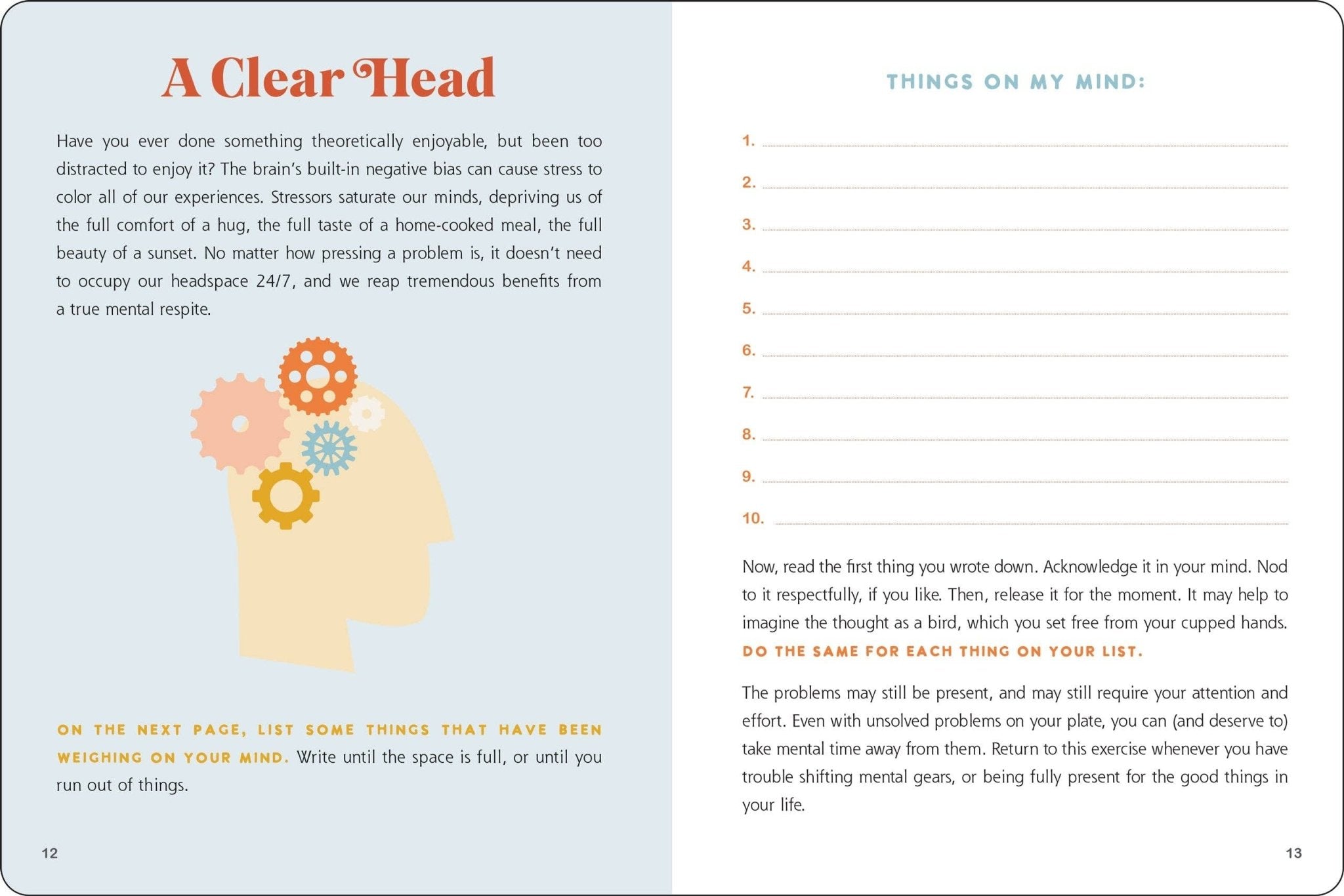 Book page with a thought bubble graphic and text about mental health and productivity.