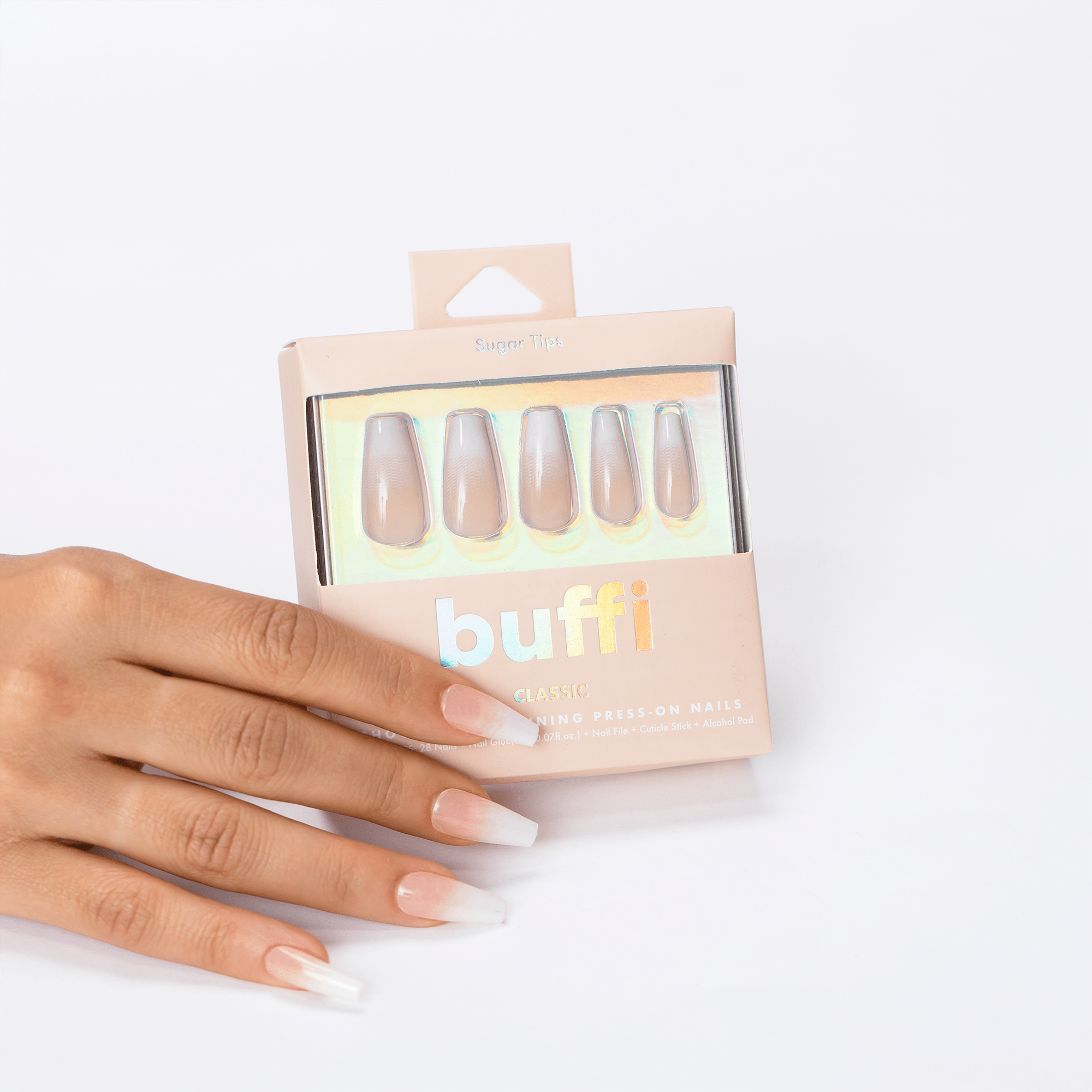 Buffi Sugar Tips classic ombre press-on nails kit with beige and white color gradient.