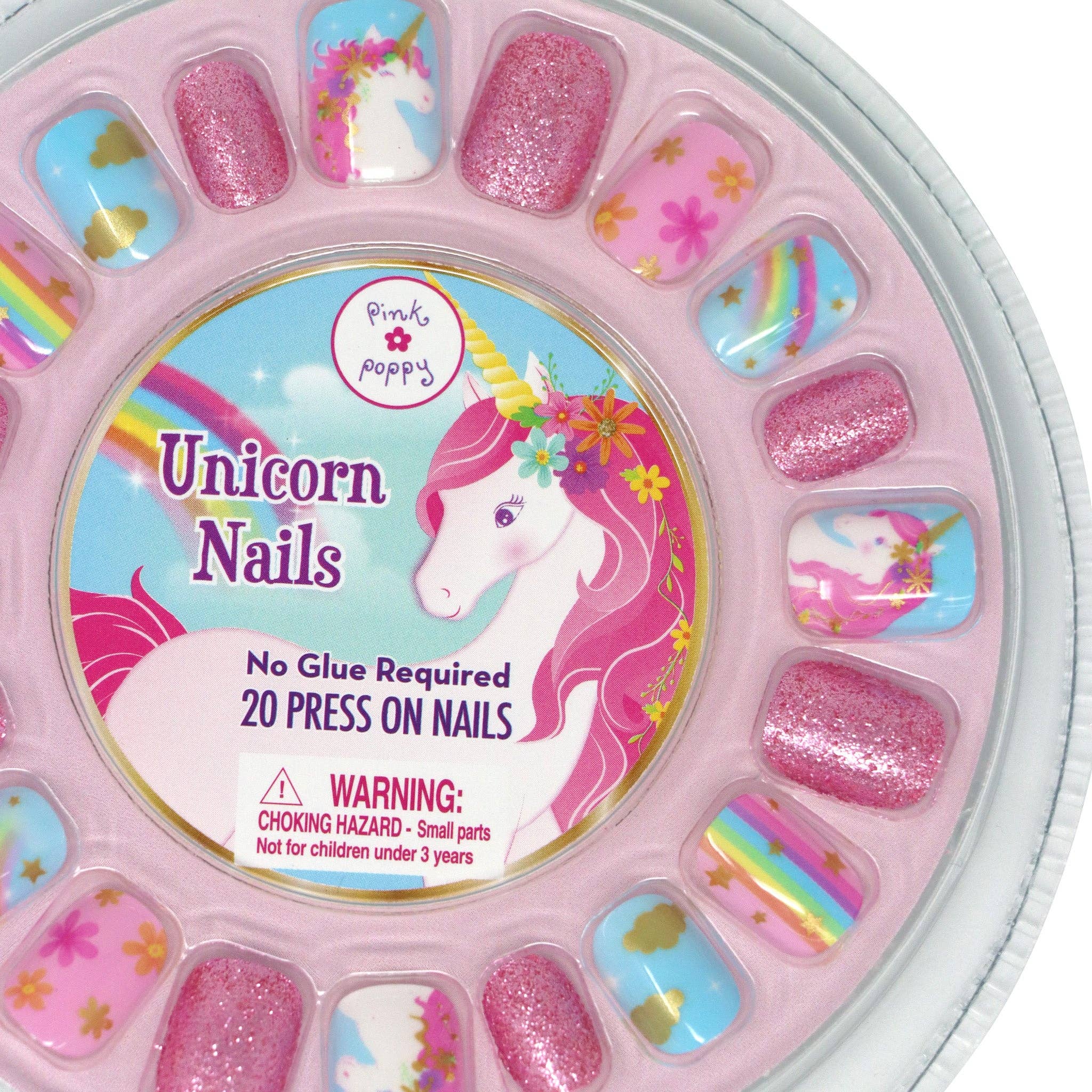 Pink Poppy Unicorn press-on nail set for kids, includes glitter, rainbow, and unicorn designs. No glue required.