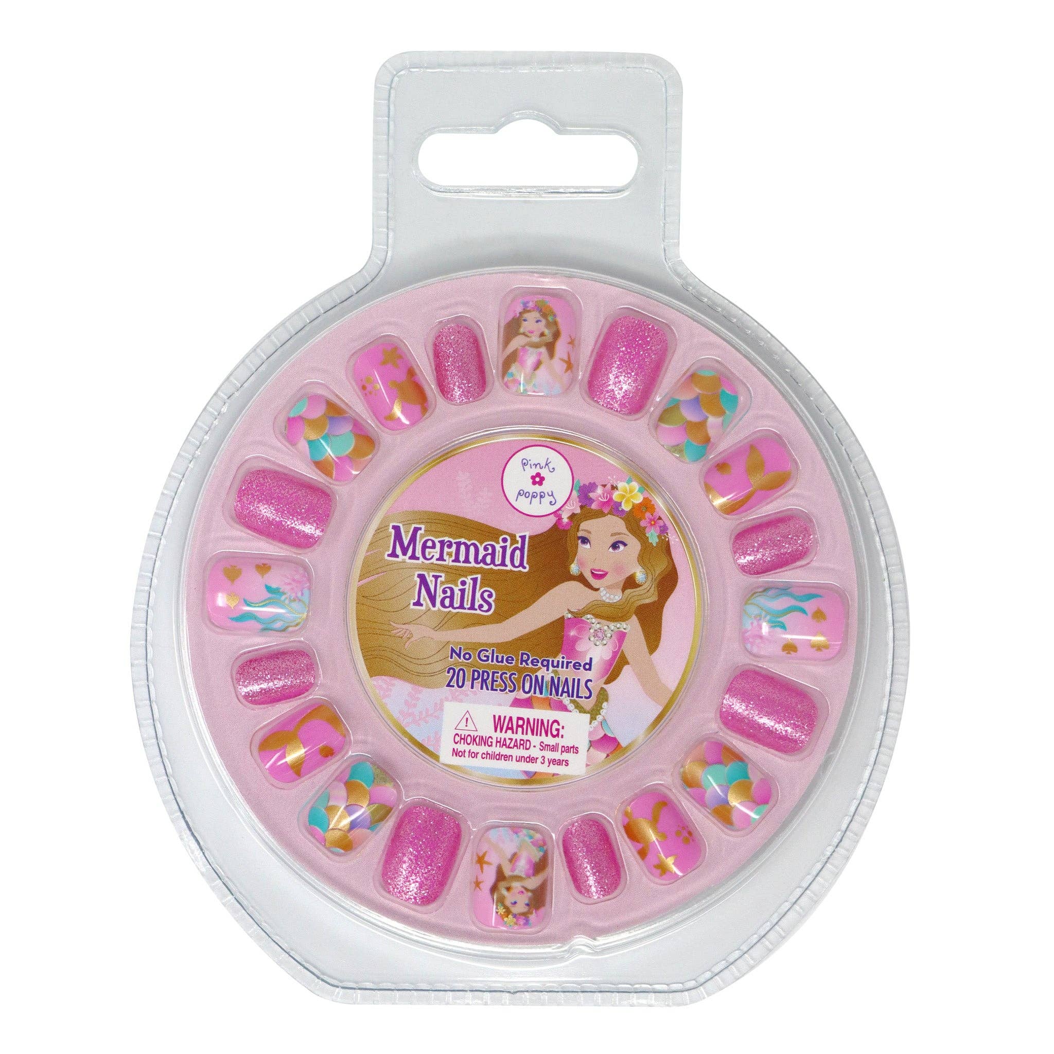 Pink Poppy Mermaid Nails set for kids, 20 press-on nails with glitter and mermaid designs.