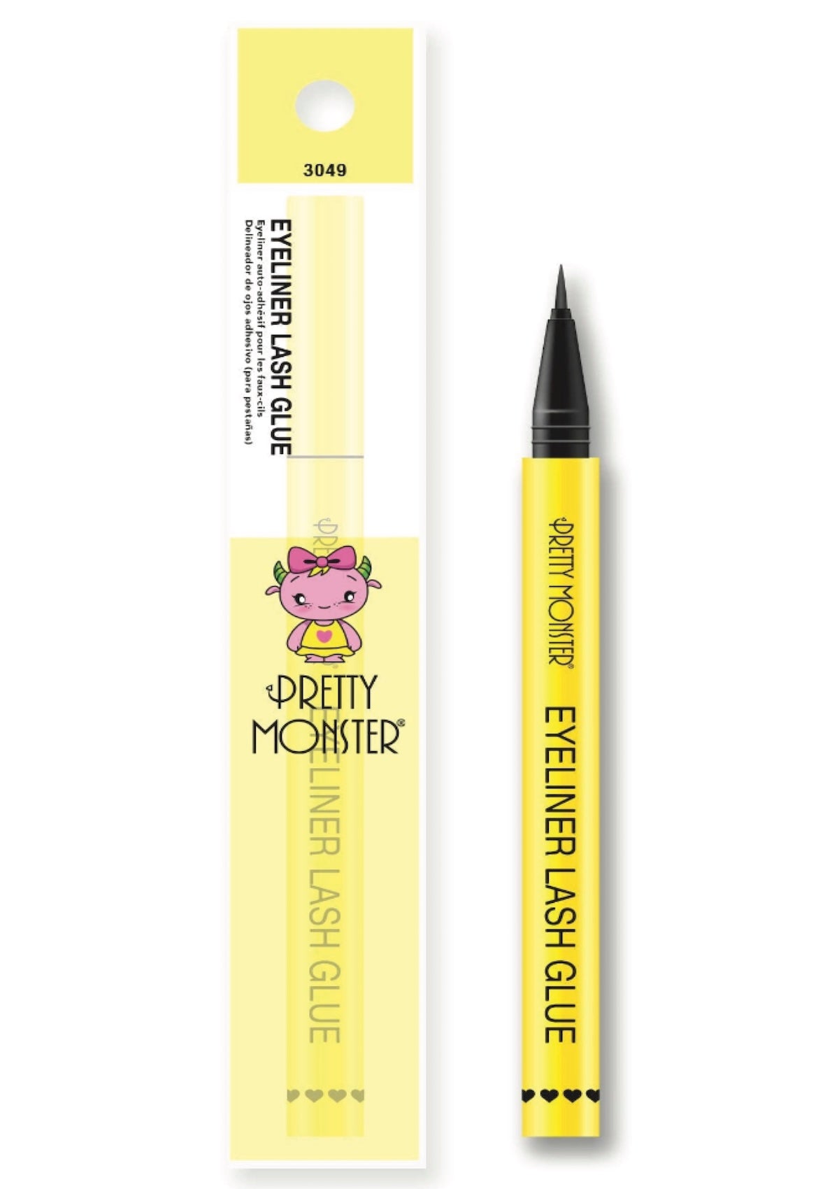 Eyeliner lash glue with yellow packaging and 'Pretty Monster' branding on a white background.