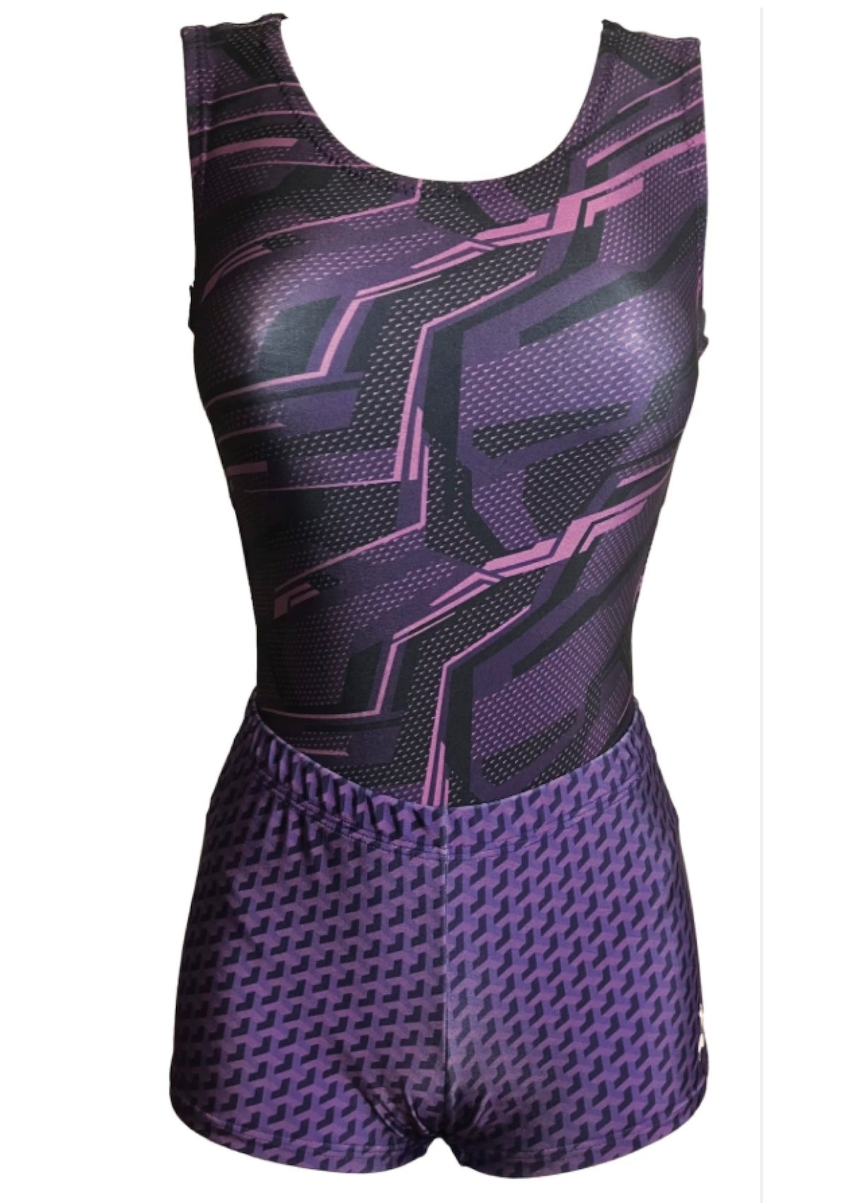 Purple Geometric Gymnastics Leotard & Shorts Set | Foxy's Leotards - Foxy’s
