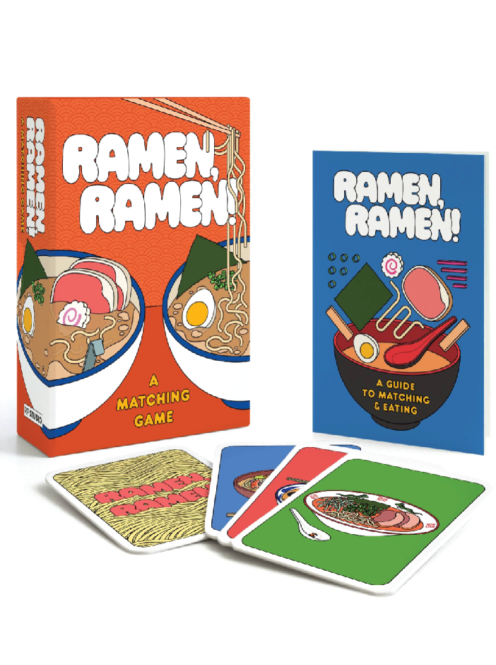 Ramen-themed matching game with packaging and cards on a white background