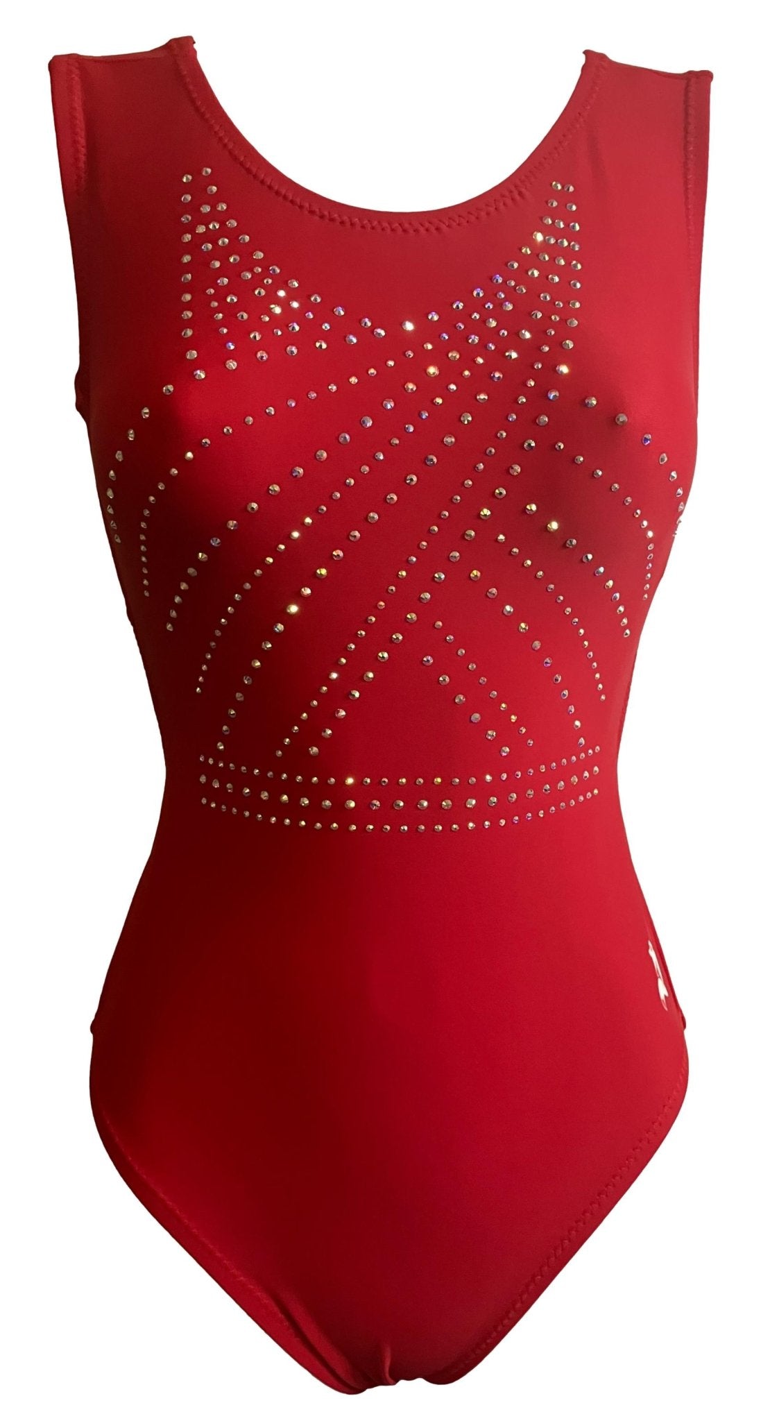 Red Foxy's leotard with sparkling rhinestone geometric design. Sleeveless gymnastics leotard.