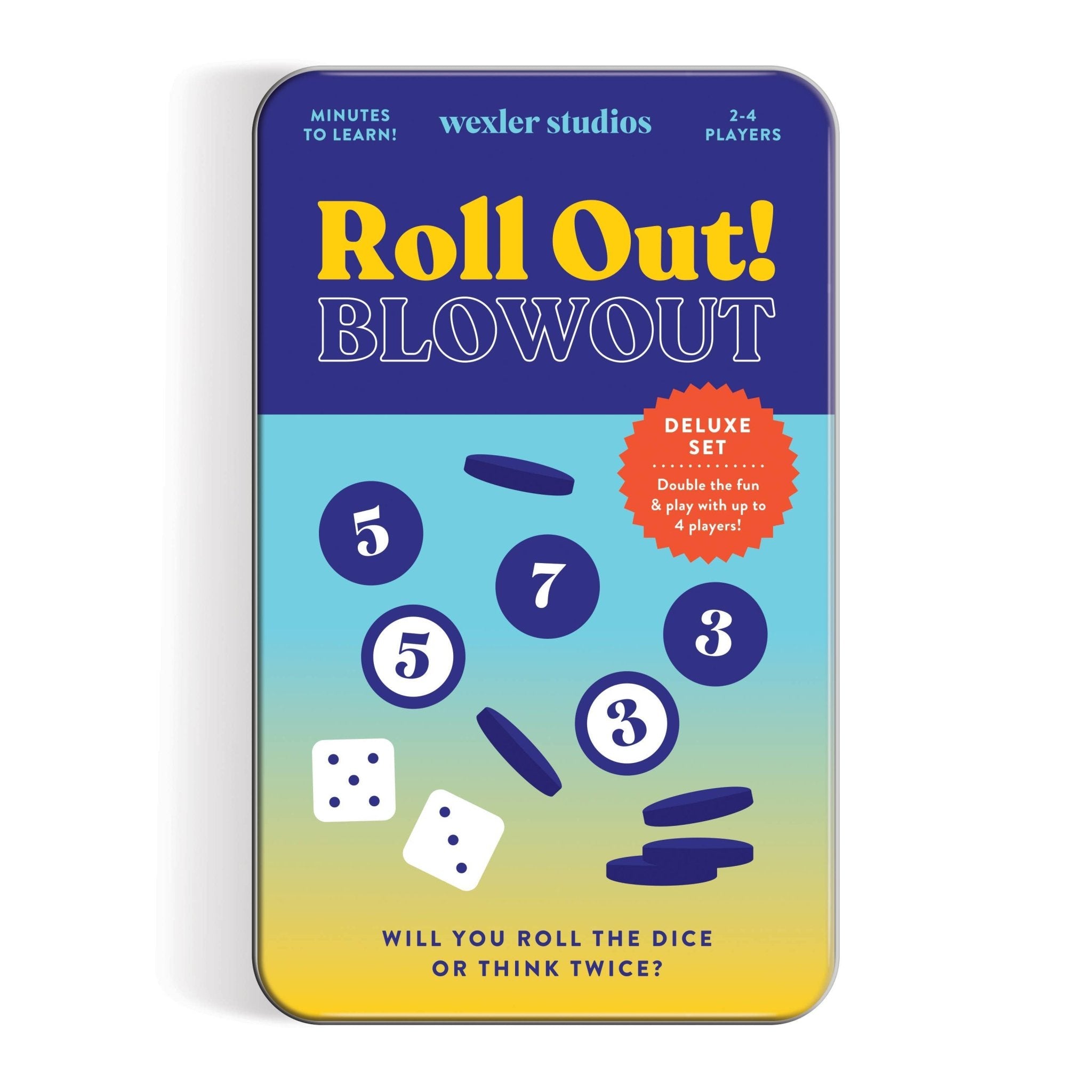 Roll Out! Blowout dice game packaging with dice illustrations on a gradient background