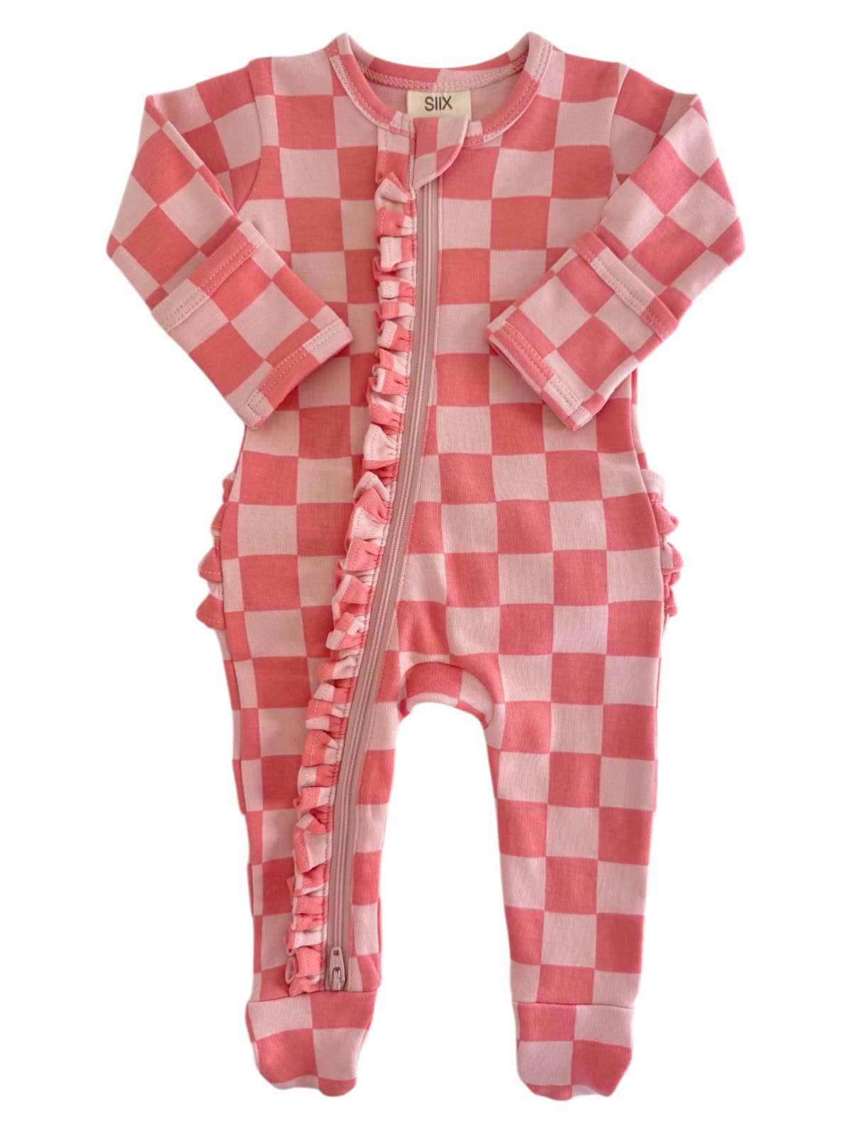 Pink and white checkered baby romper with ruffles on a white background