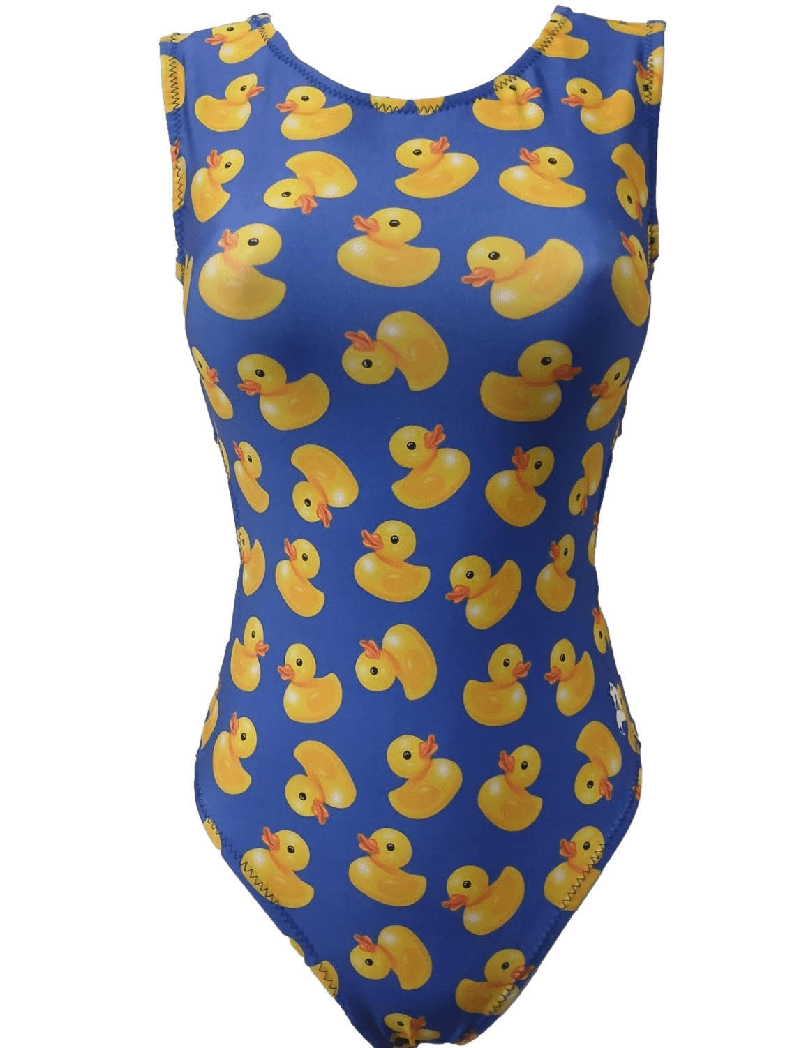 Blue gymnastics foxys leotard with yellow rubber duck pattern on a white background