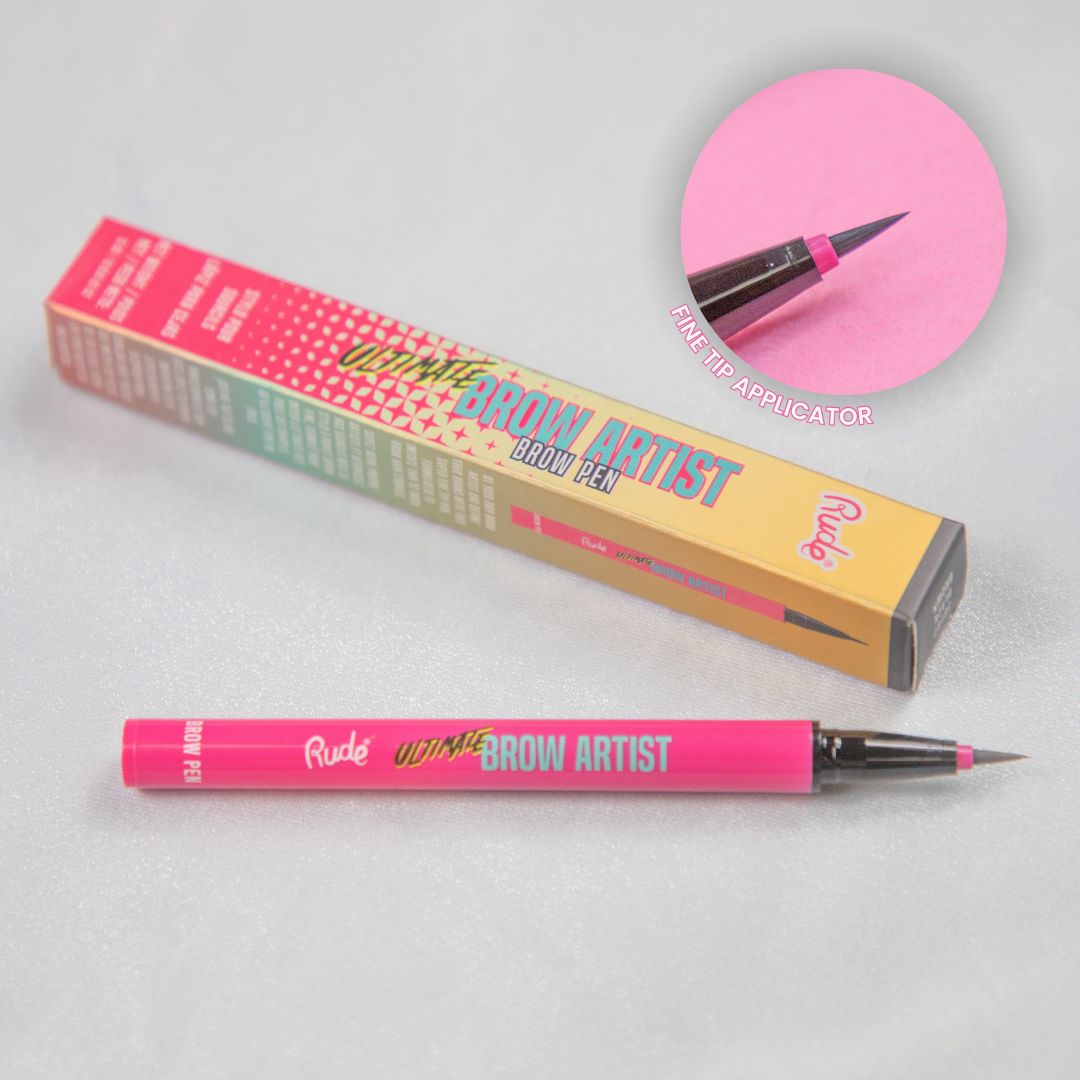 Rude Cosmetics brow pencil with packaging and pink applicator on a gray background