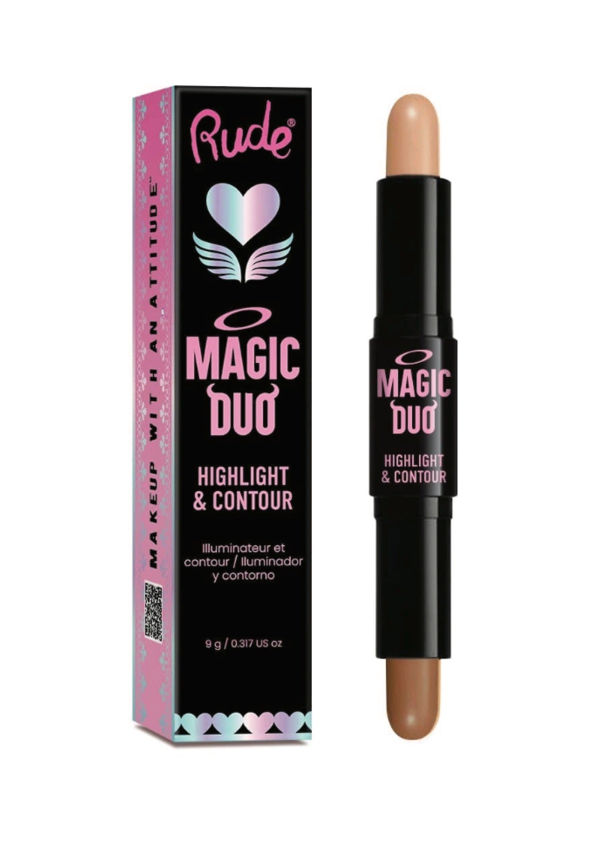 Rude Magic Duo highlight and contour stick with packaging on a white background