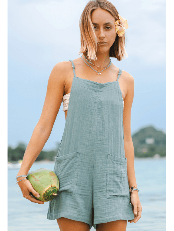 Foxy's Fun & Comfy Sage Cotton Romper – Adjustable Straps & Pockets for Everyday Adventures! ✨ - Foxy’s