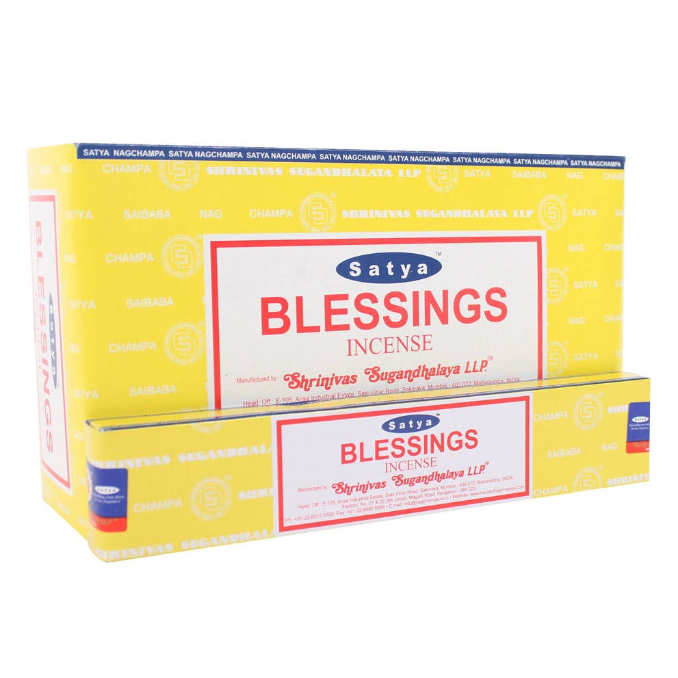Satya Blessings Incense Sticks box, yellow packaging with red lettering, aromatic fragrance.