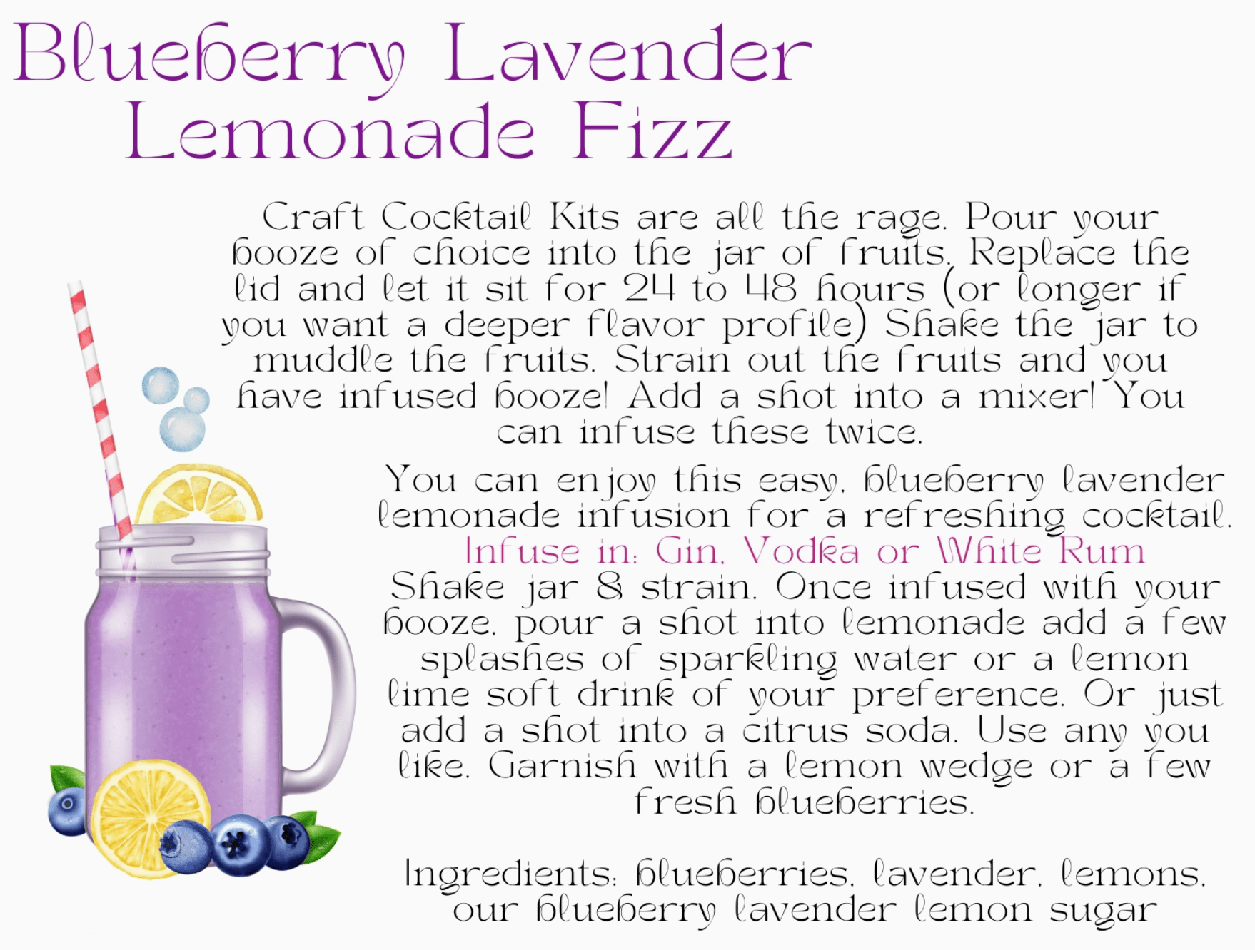 Blueberry Lavender Lemonade Fizz craft cocktail in a jar with lemon slice and blueberries.