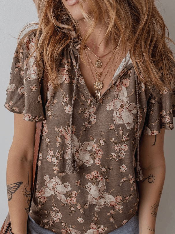 Flowery Fun: Retro Floral Split Neck Blouse with Tassel Tie – Chic & Empowering Style! 🌸 - Foxy’s