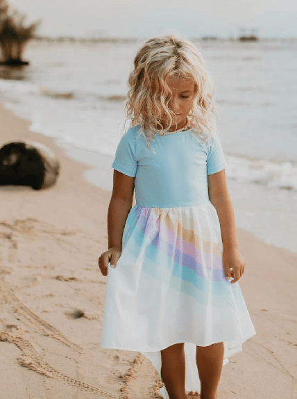Kids Pastel Blue Rainbow Hi Lo Spring Summer Dress - Foxy’s