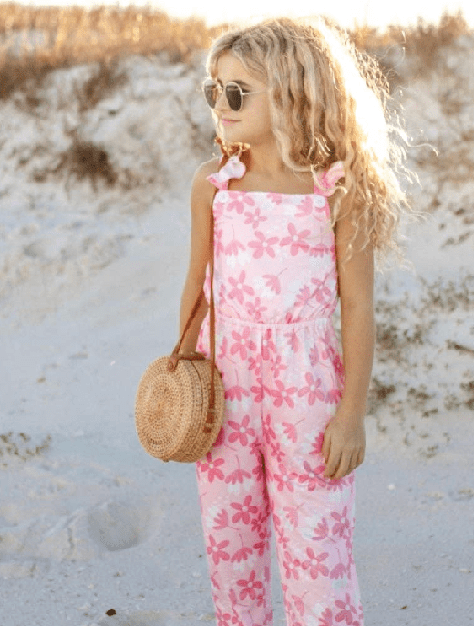 Kids Pink White Floral Button Ruffle Summer Pocket Jumpsuit - Foxy’s