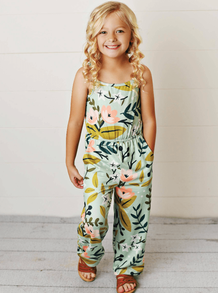 Kids Sage Pink Floral Spring Summer Jumpsuit With Pockets - Foxy’s
