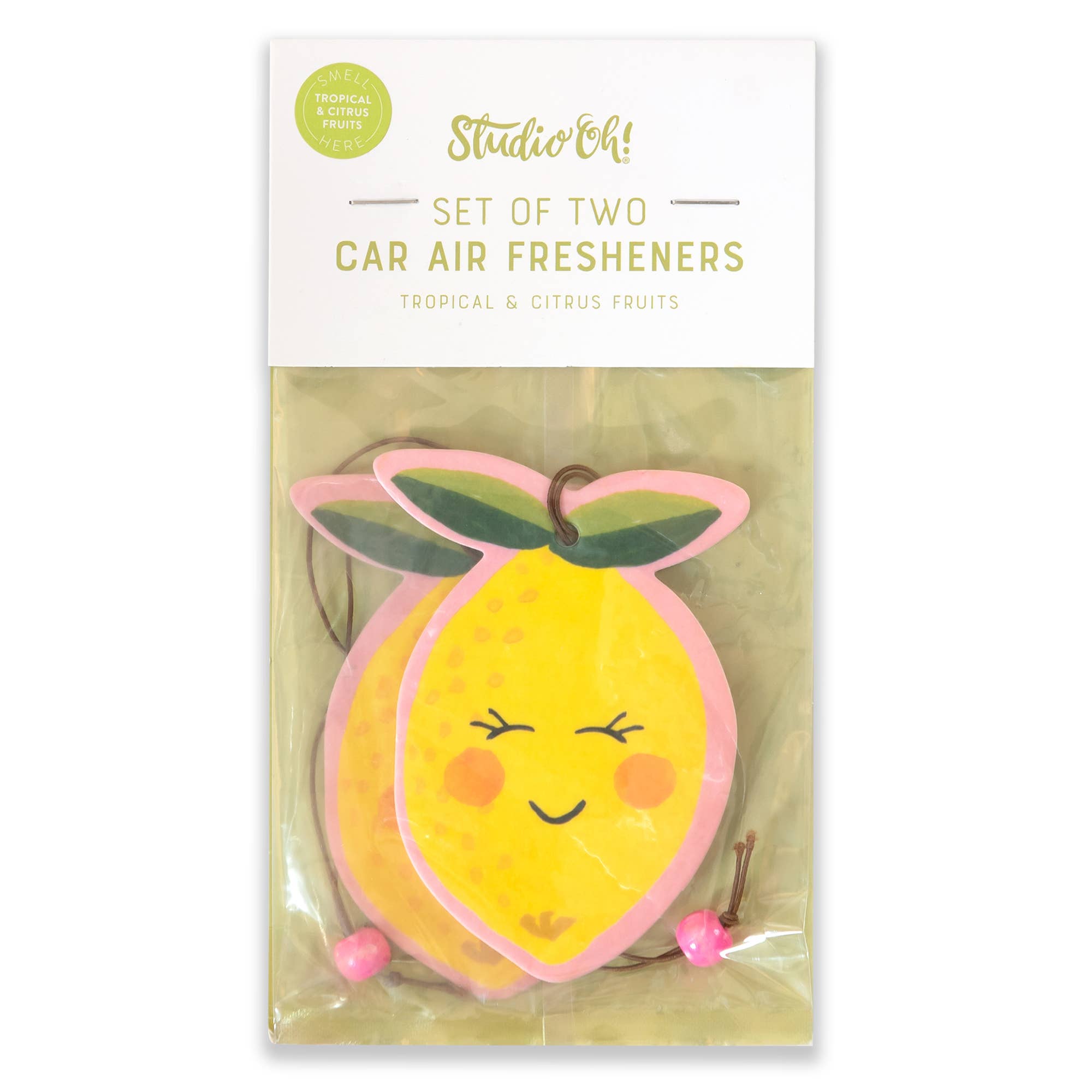 Studio Oh! set of two lemon scented car air fresheners with a cute smiling face.