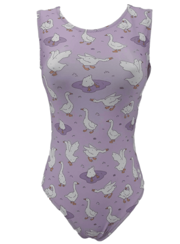 Silly Geese Lavender Gymnastics Leotard – Whimsical Goose Print for Girls - Foxy’s