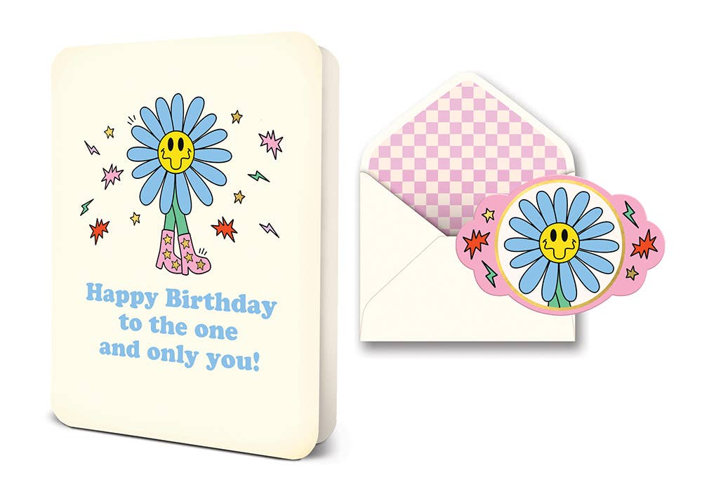 Happy Birthday greeting card with smiley face flower, sticker, and envelope with pink checkered lining.