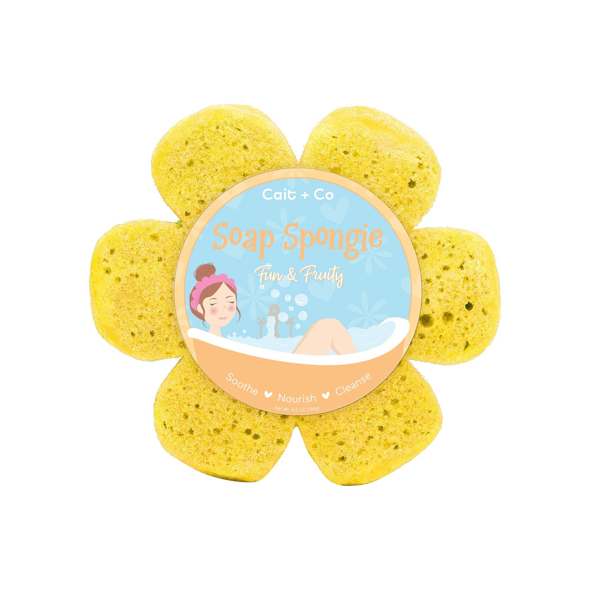 Cait + Co. Fun & Fruity soap-infused bath sponge. Yellow flower-shaped sponge with label. Soothes, nourishes, and cleanses.