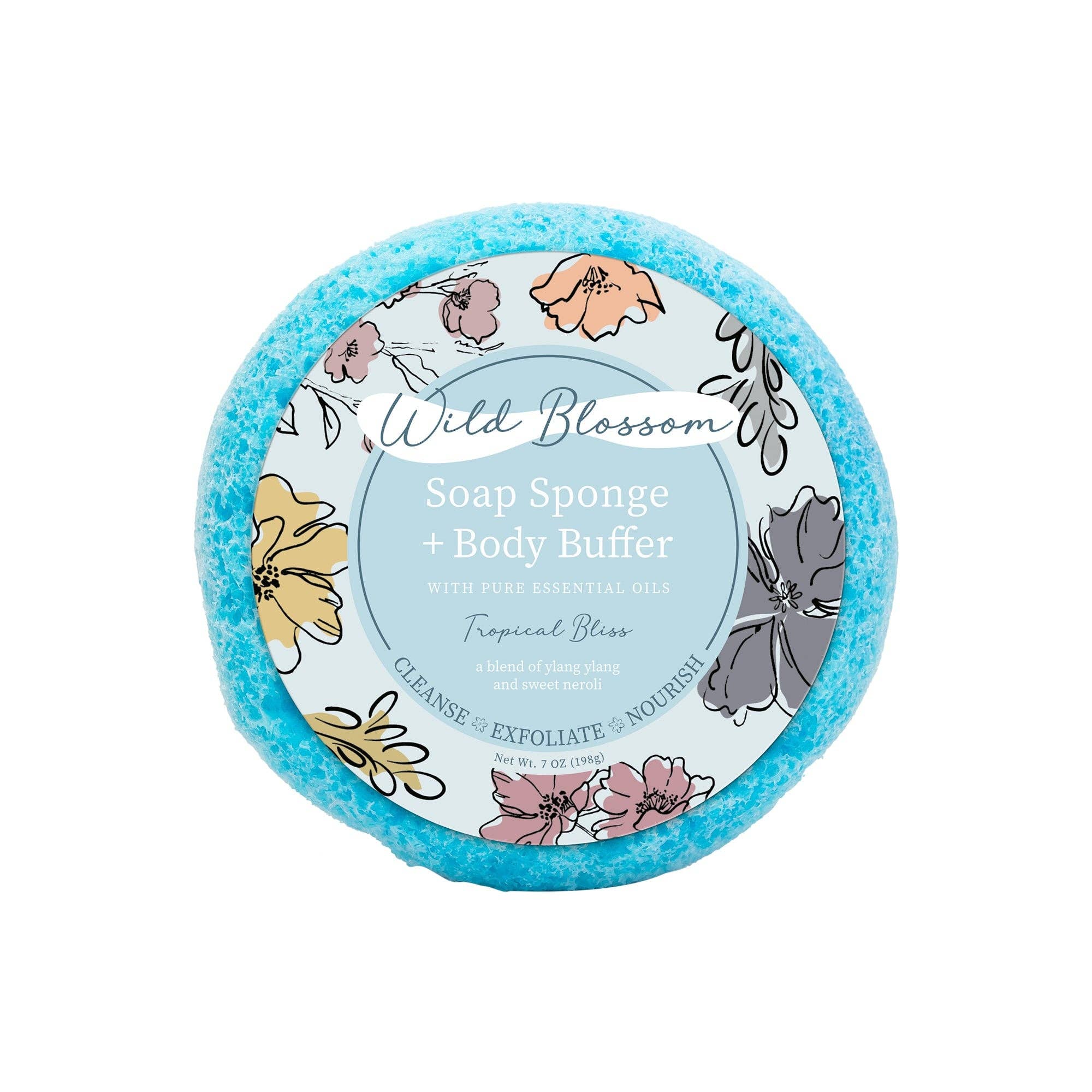 Wild Blossom Tropical Bliss soap sponge and body buffer with ylang ylang and sweet neroli.