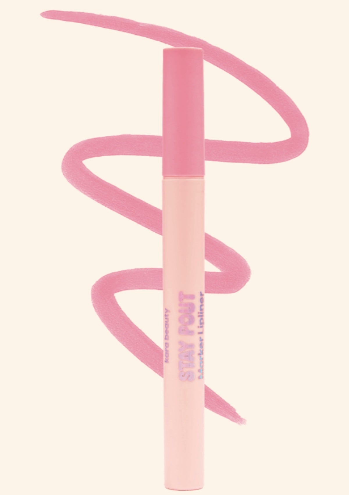 Pink makeup pencil with a wavy line on a light pink background
