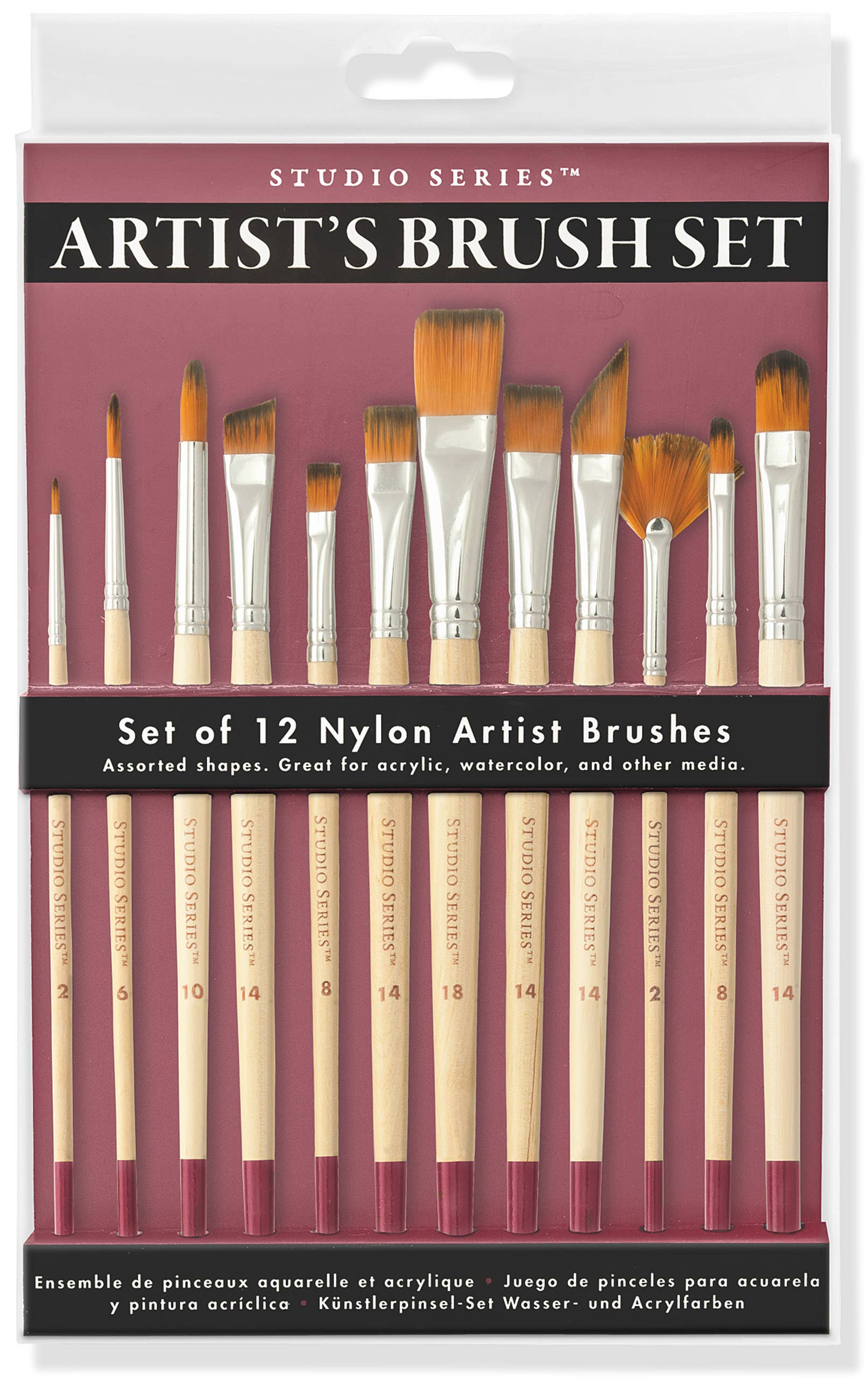 Set of 12 nylon artist brushes in packaging with a maroon background