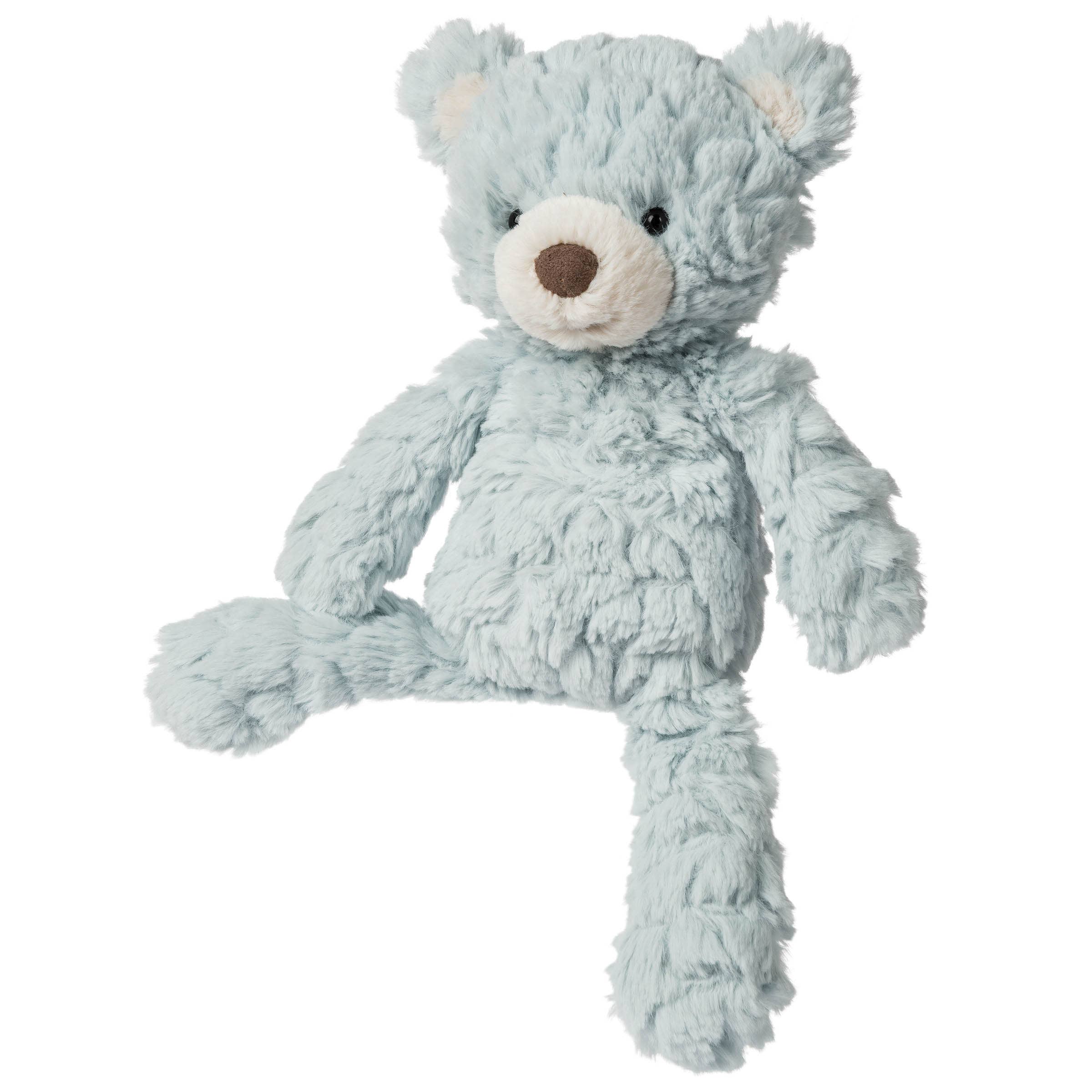 Light blue plush teddy bear with cream accents, a soft stuffed animal toy.