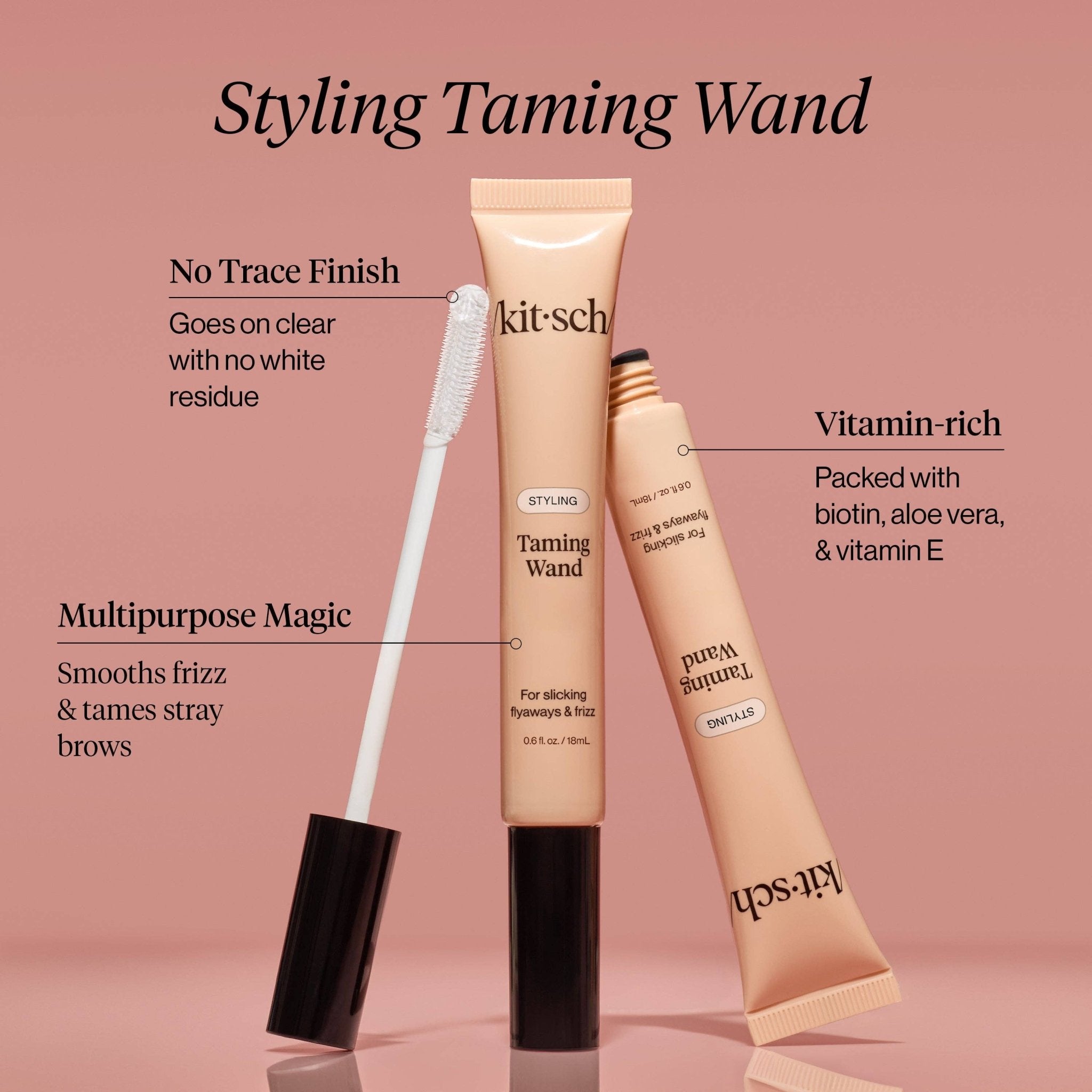 Kitsch Taming Wand with product features on a pink background