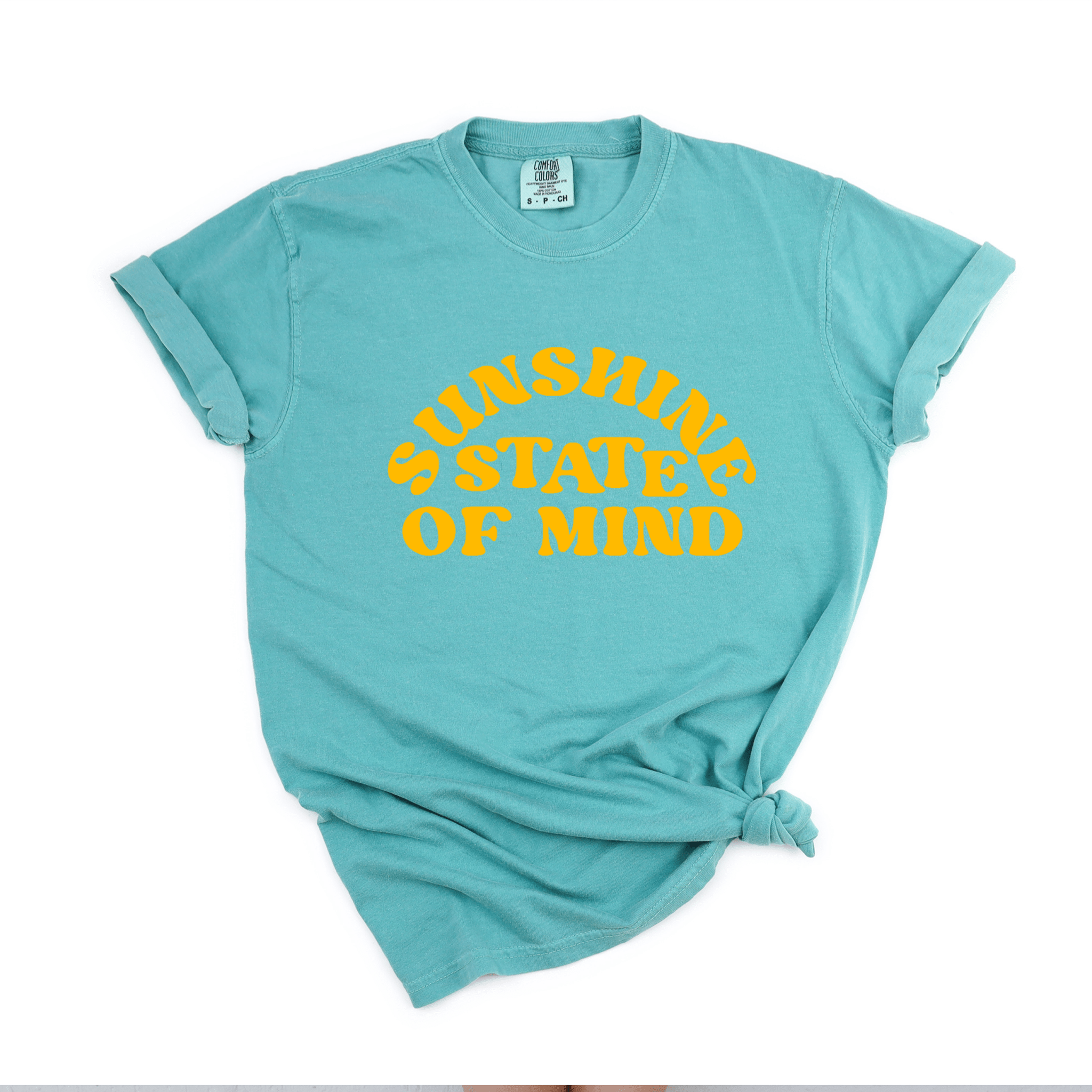 Turquoise t-shirt with 'Sunshine State of Mind' graphic. Casual short-sleeve tee.