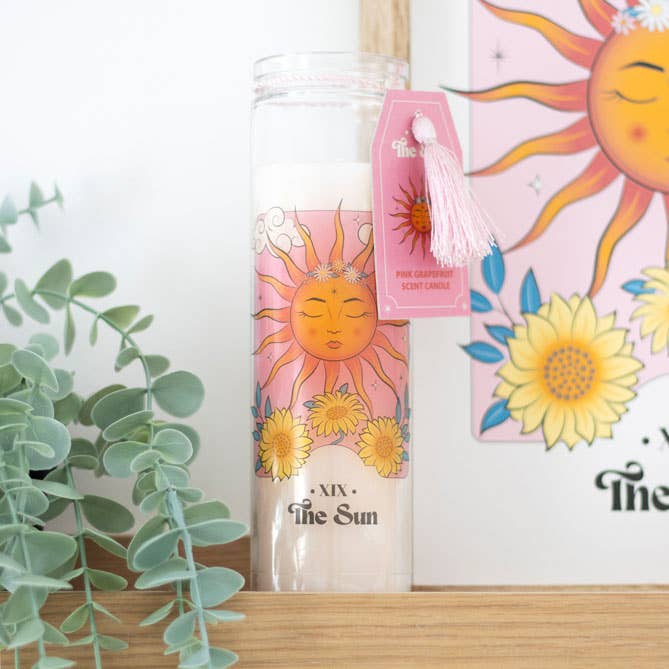 Pink Grapefruit Scent Candle in Glass Jar featuring 'The Sun' tarot card design.