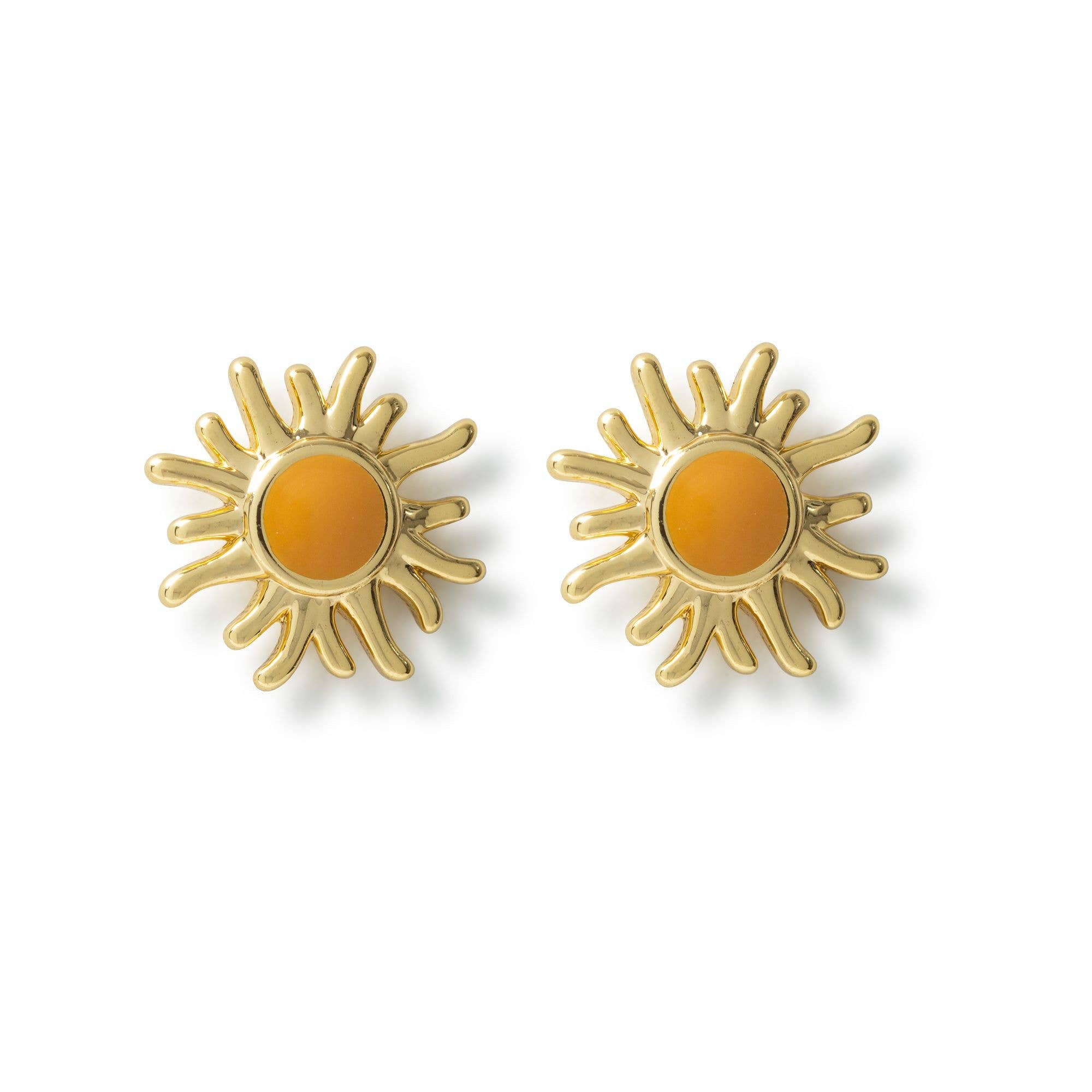 Pair of gold sun stud earrings with vibrant orange centers