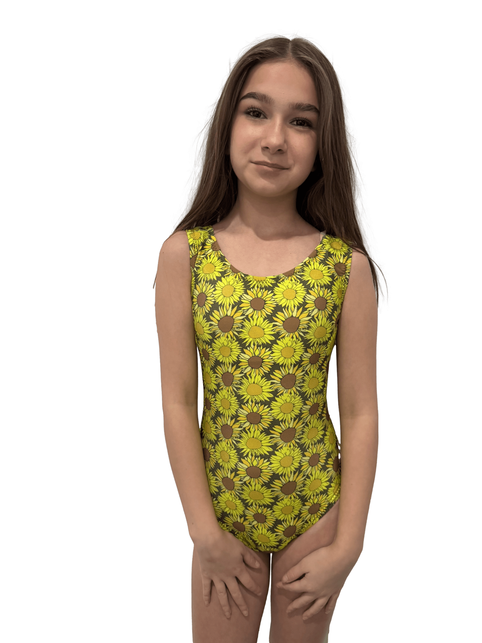 Girl wearing a yellow gymnastics suit with yellow sunflower pattern on a transparent background