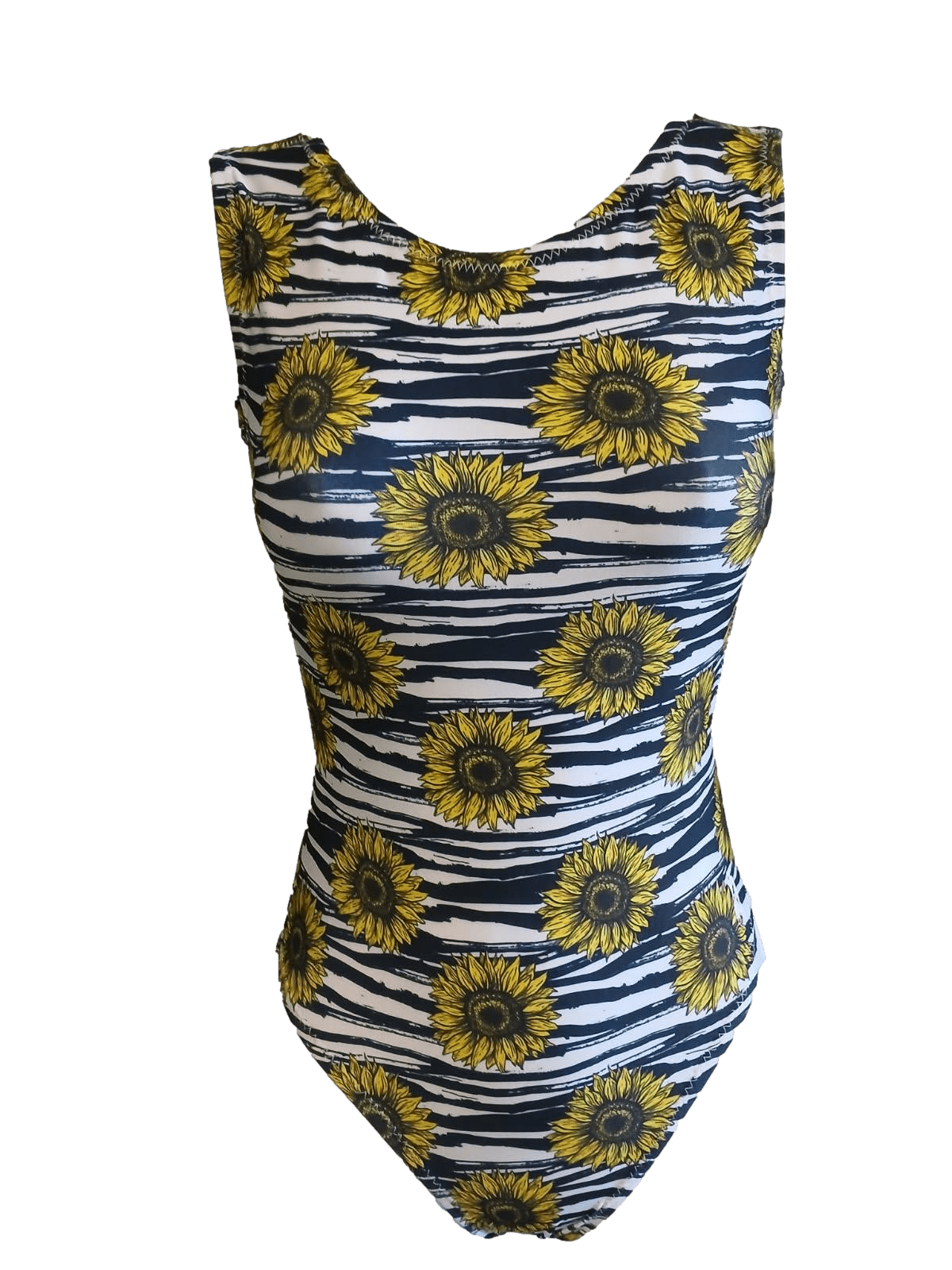 One-piece foxy leo with sunflower and zebra pattern on a white background