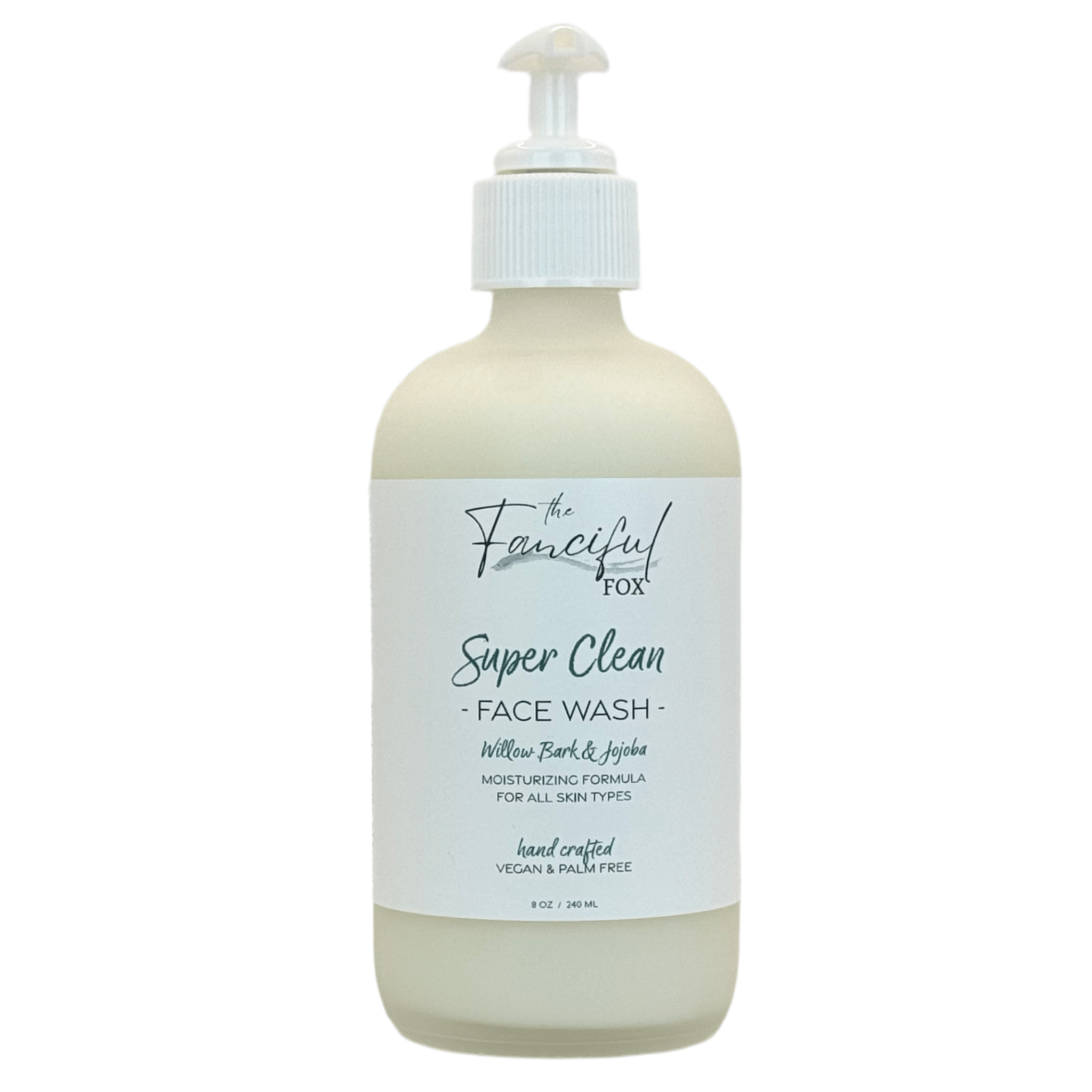 The Fanciful Fox Super Clean face wash with willow bark and jojoba, vegan and palm free, in an 8 oz bottle.