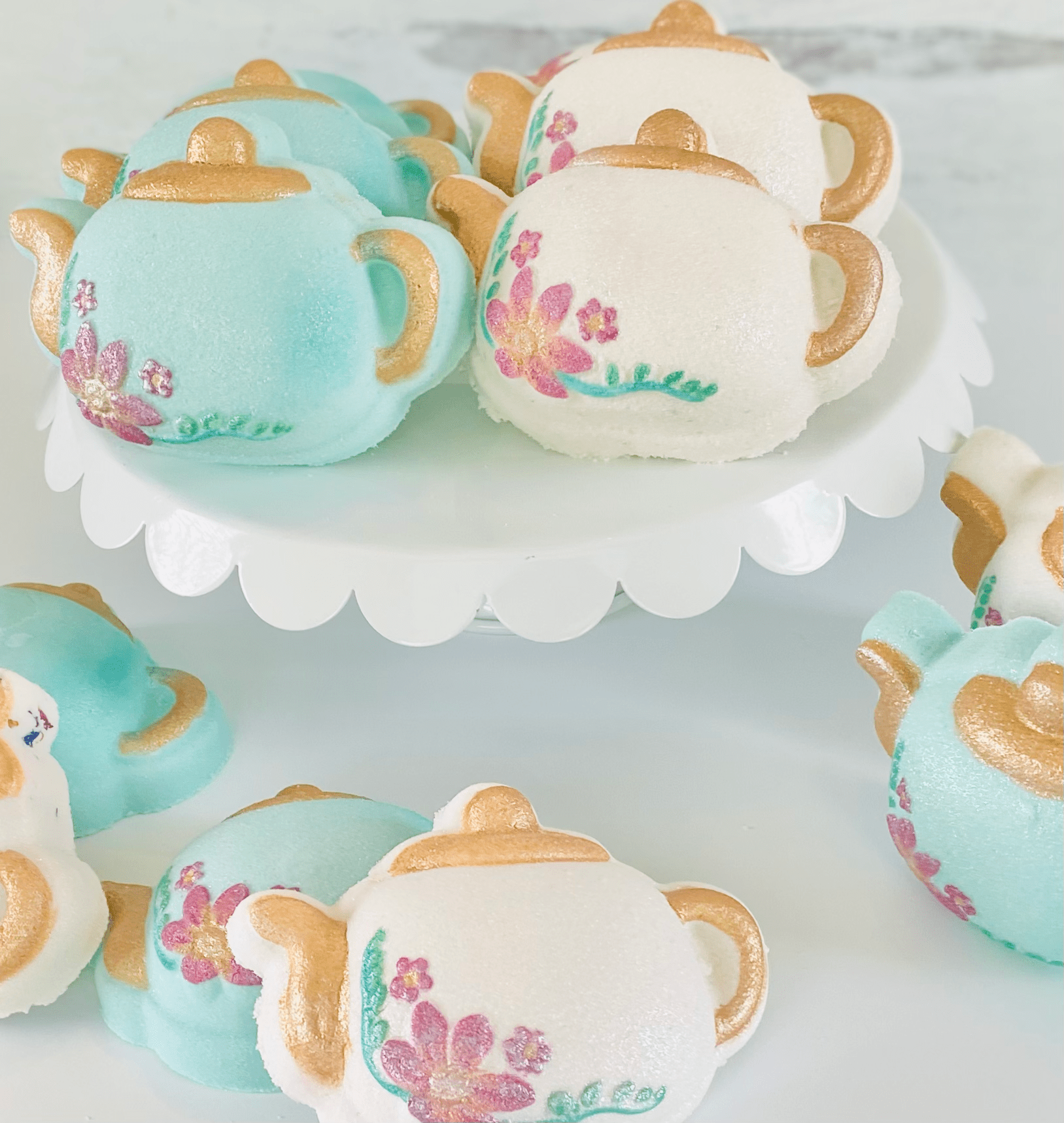 cute white and turquoise teapot designed bath bombs for bath