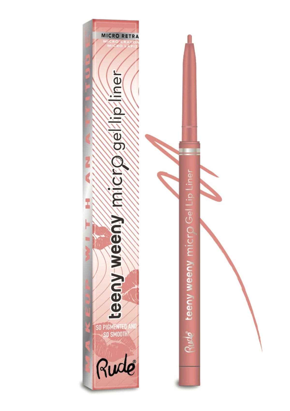 Rude teeny weeny micro gel lip liner with packaging on a white background