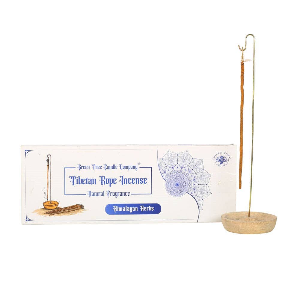 Green Tree Candle Company Tibetan rope incense with wooden holder and Himalayan herbs box.