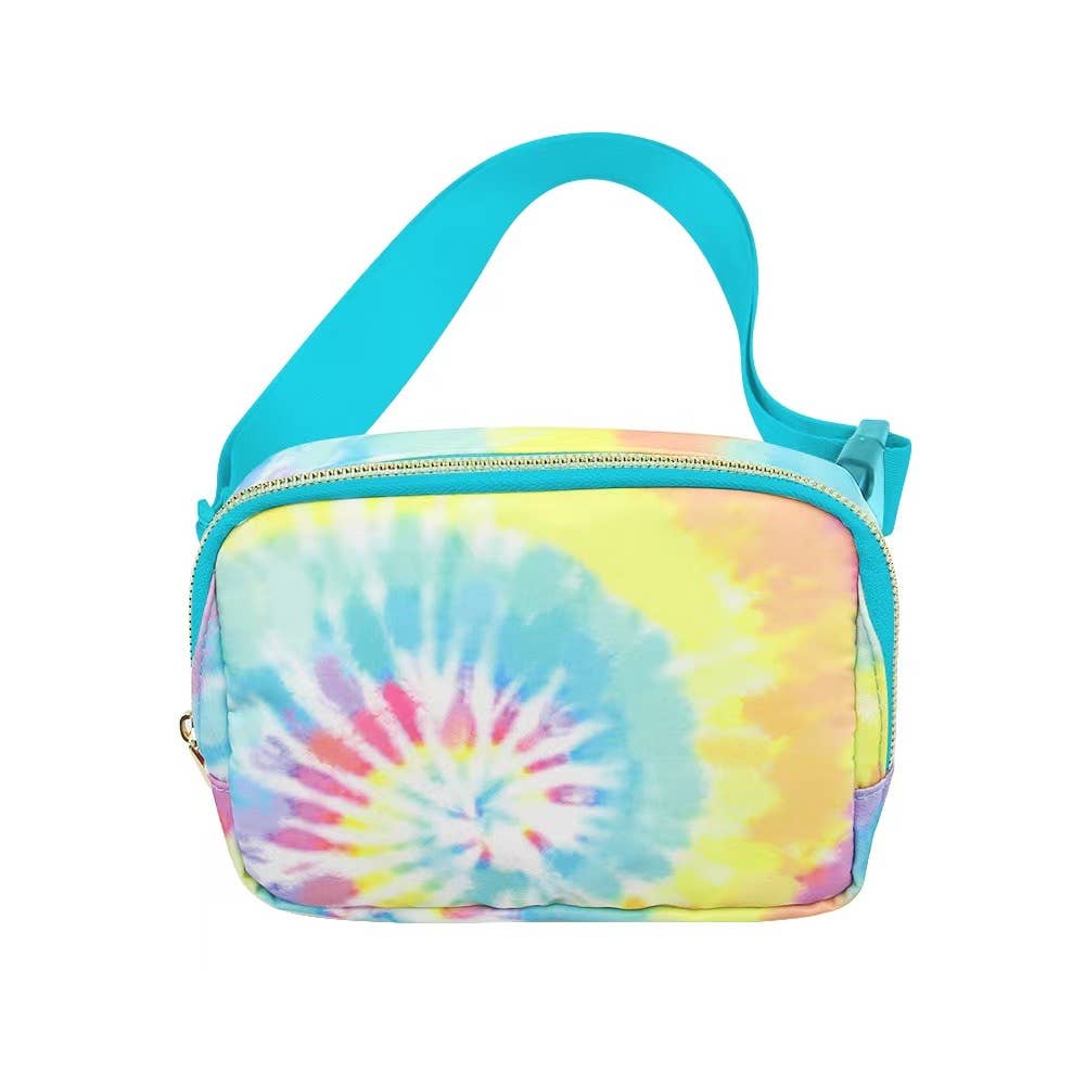 Tie-dye fanny pack with blue strap for kids.