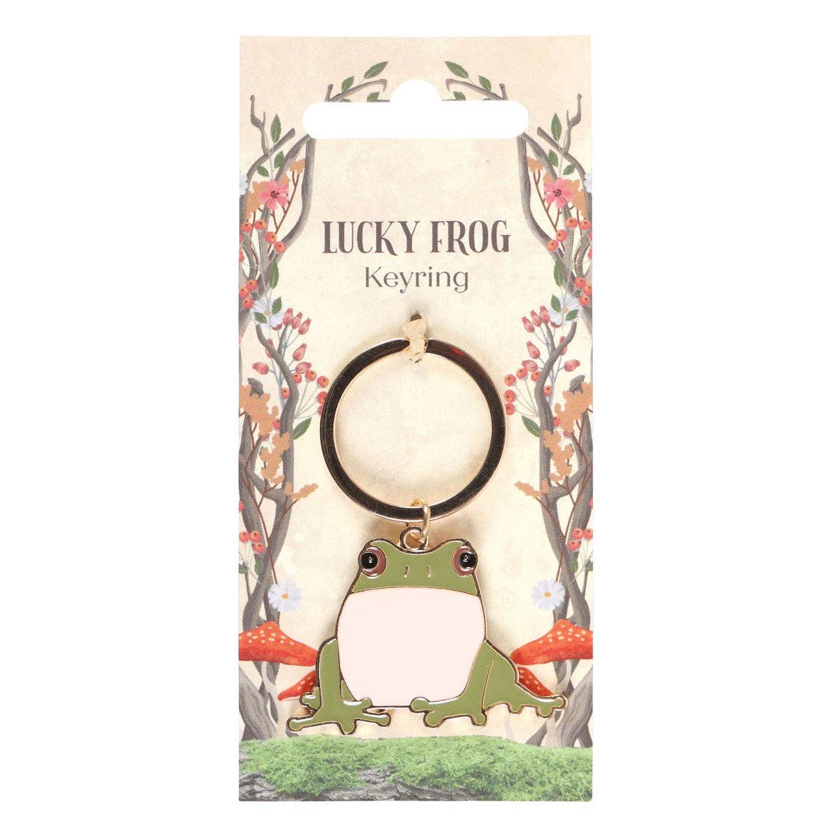 Lucky frog keyring with a green and white enamel frog charm.