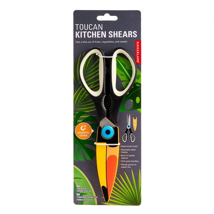 Toucan kitchen shears with stainless steel blades, soft-grip handles, and bottle opener.