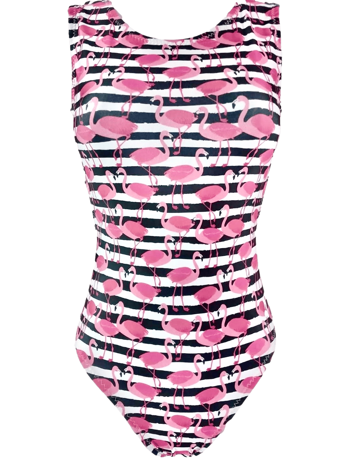 One-piece gymnastics leotard with pink flamingo and black white striped pattern on a white background