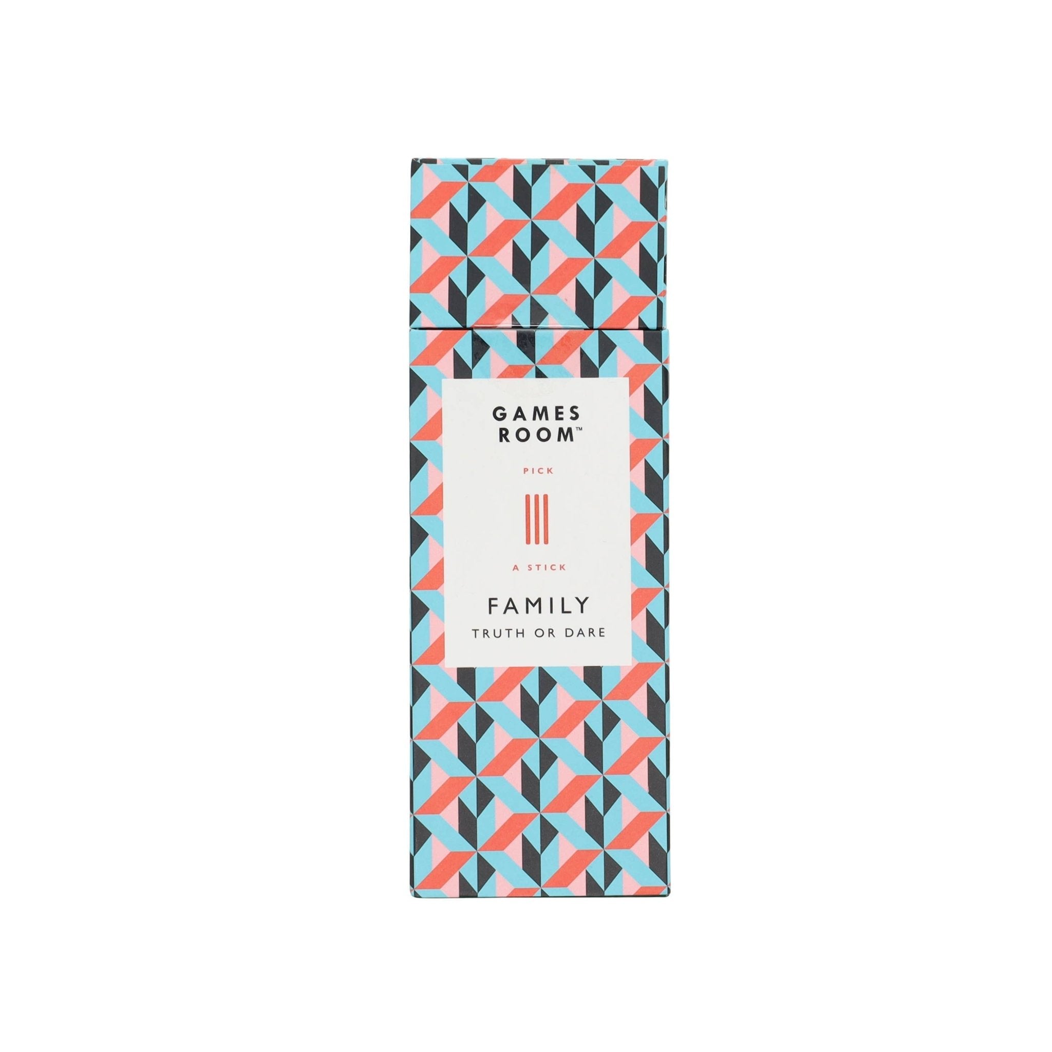 Packaging with geometric pattern and text on a white background