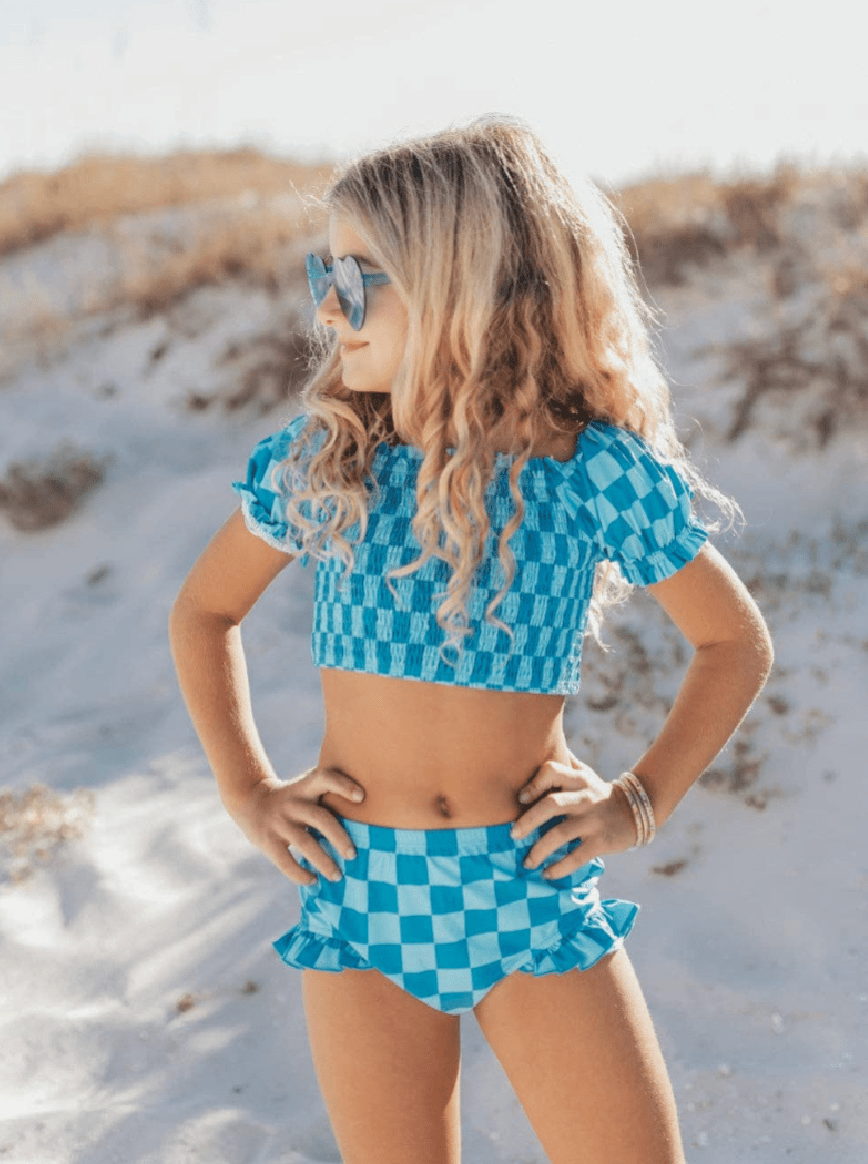 Girls Turquoise & Blue Check Ruched 2 Piece Swimsuit - Foxy’s