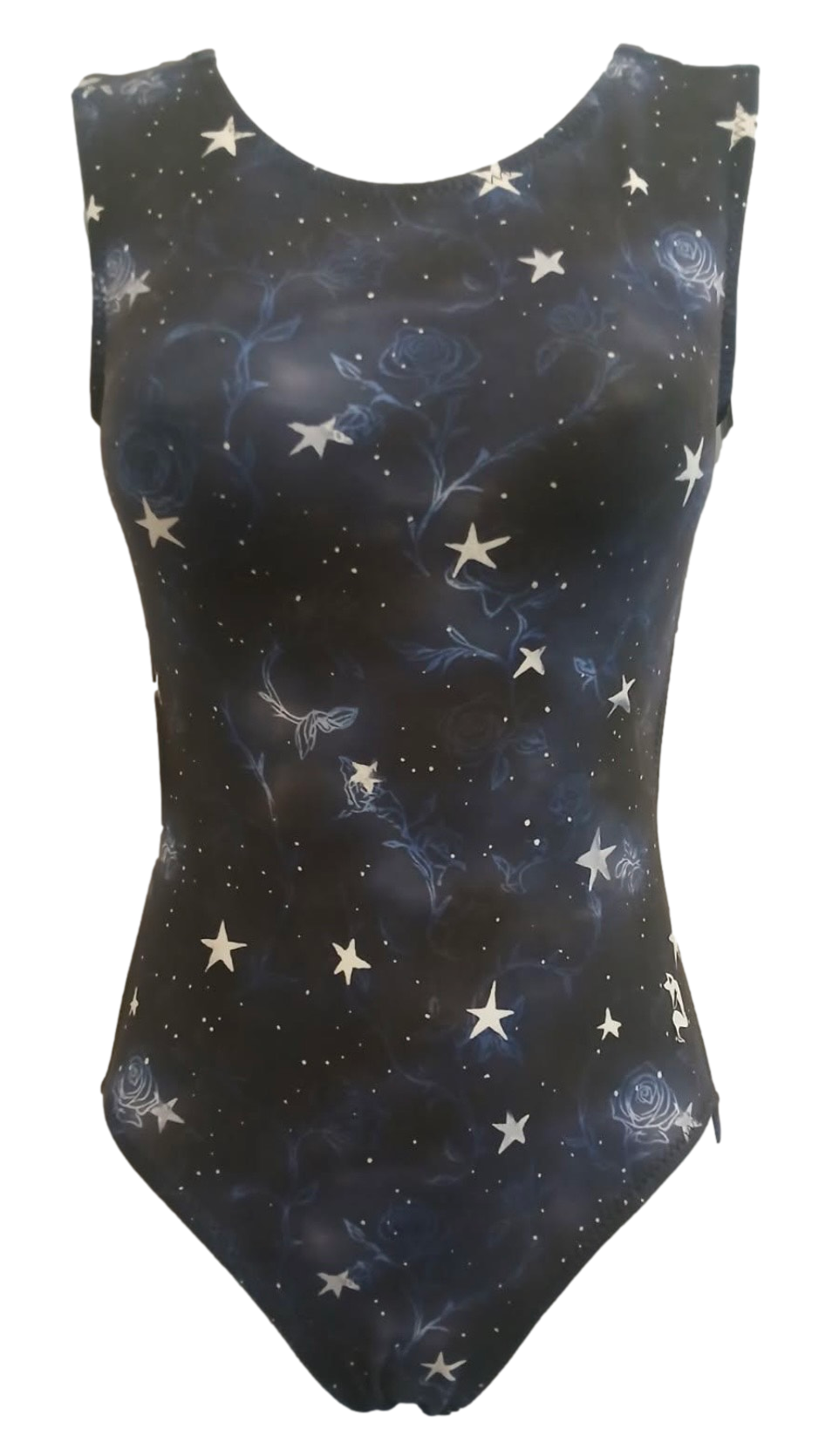 Leotard with star and galaxy pattern on a white background