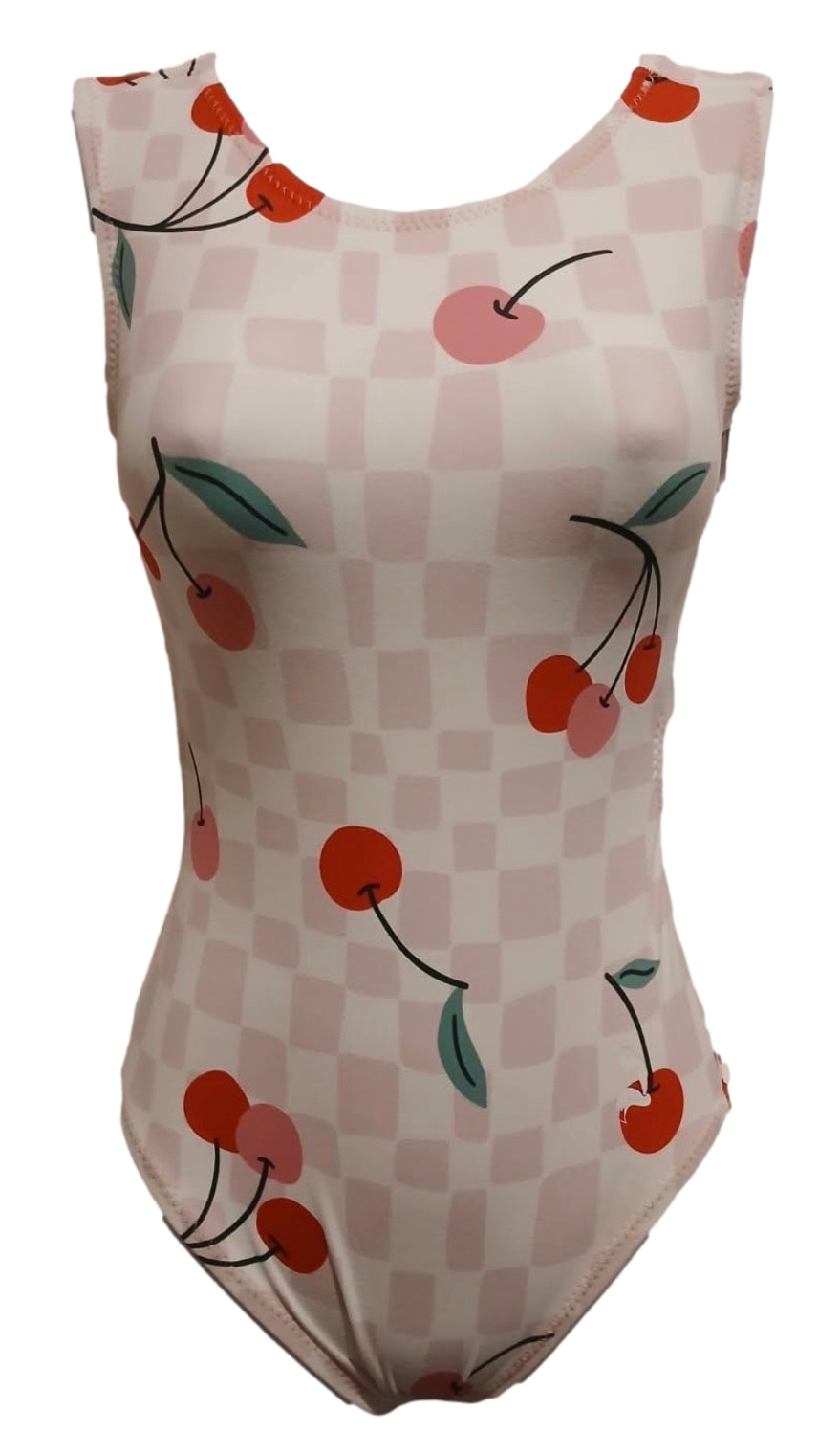 One-piece leotard with cherry pattern on a checkered background