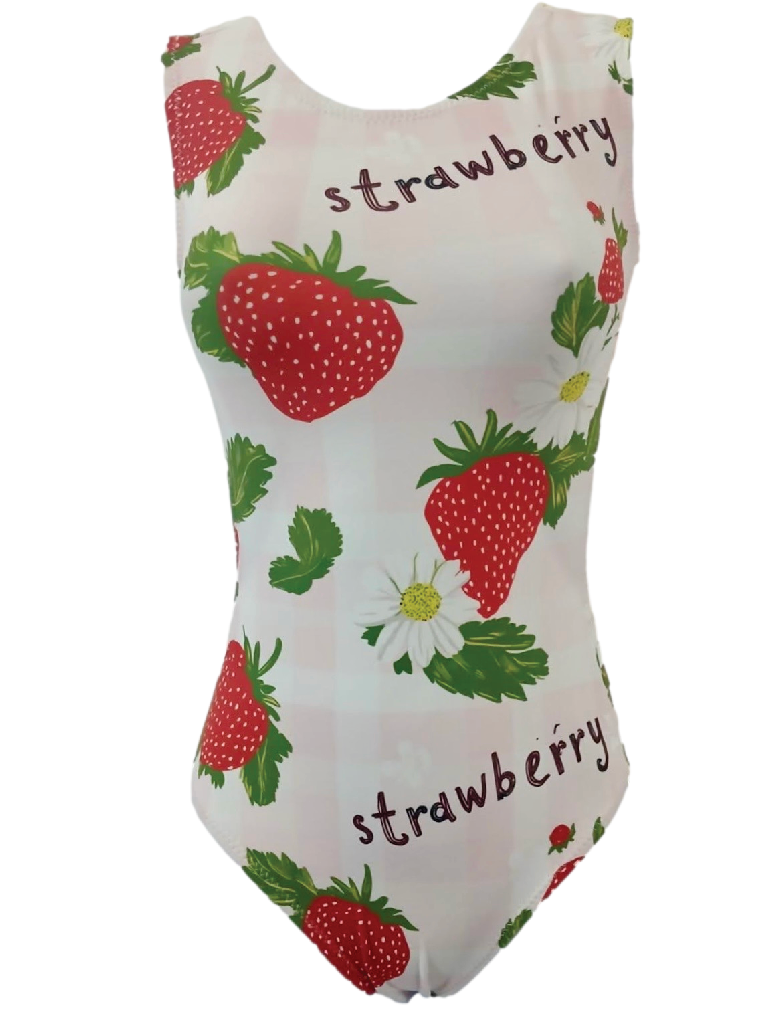 One-piece pink leotard with strawberry pattern on a white background